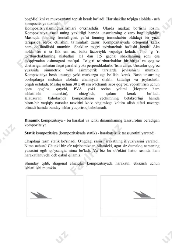 20x30 sm o ‘lchamli vatman qog‘oz, diametri 3 sm bo‘lgan doiracha kerak bo'ladi. ko‘rsatmalar: - unsurlar qog‘oz yuzasida simmetrik yoki asimmetrik tarzda joylashishi mumkin; - kompozitsiya bosh unsurga yoki markazga ega bo‘lishi kerak. bosh unsurning boshqalarga nisbatan alohida ahamiyati uchta belgisiga ko‘ra ya’ni: shakli, kattaligi va joylashishi orqali ochiladi; - kompozitsiya muvozanati unsurlarning umumiy yuzasi, oraliqlar va bosh maydon (fon yuzasi) o‘rtasidagi muvozanatdan iborat boladi. nuqta chiziq va to’g’ri to’rtburchakdan iborat uch kompozitsiya klauzurada fon bilan bir necha shakllar: alohida nuqtalar, alohida chiziqlar, alohida to‘g‘ri to‘rtburchaklar (jami uch shakllar to‘pi) o‘rtasidagi bogmiqlikni va muvozanatni topish kerak bo‘ladi. har shakllar to'piga alohida - uch kompozitsiya tuziladi. kompozitsiyalamingtuzilishlari o‘xshashdir. ularda markaz bo‘lishi lozim. kompozitsiya asosi uning yaxlitligi hamda unsurlarning o‘zaro bog‘liqligidir, mashqda fonning frontalligini, ya’ni fonning tomoshabin oldidagi bir yuza tariqasida idrok etilishini ta’minlash zarur. kompozitsiyada ortogonal katak ham qo’llanilishi mumkin. shakllar to'g'ri to'rtburchak bo‘lishi kerak. aks holda fro n ta llik …