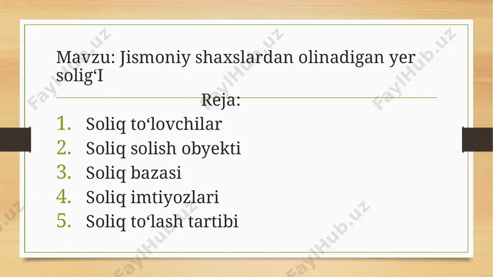 eros bo‘yicha, hadya qilinishi yoki sotib olinishi natijasida uy-joy va imoratlar bilan birgalikda mulk huquqi, egalik qilish va foydalanish huquqi ham o‘tgan yer uchastkalari; 6) qonunchilikda belgilangan tartibda mulk qilib sotib olingan yer uchastkalari 7) tadbirkorlik faoliyatini yuritish uchun foydalanishga yoki ijaraga berilgan yer uchastkalari. ko‘p kvartirali uylar egallagan va ko‘p kvartirali uylar mulkdorlariga umumiy foydalanish (notijorat maqsadlarda) uchun doimiy foydalanish huquqi asosida berilgan ko‘p kvartirali uylarga tutash yer uchastkalari soliq solish obyekti bo‘lmaydi, bundan ushbu modda birinchi qismining 7-bandida ko‘rsatilgan yer uchastkalari va ko‘p kvartirali uylarda joylashgan yashash uchun mo‘ljallanmagan ko‘chmas mulk obyektlari mustasno. 435-modda. soliq bazasi ko‘chmas mulkka bo‘lgan huquqlarni davlat ro‘yxatidan o‘tkazishni amalga oshiruvchi organning ma’lumotlari bo‘yicha yer uchastkalarining maydoni soliq bazasidir. jismoniy shaxslarga berilgan, shuningdek dehqon xo‘jaligini yuritish uchun berilgan qishloq xo‘jaligiga mo‘ljallangan yerlar bo‘yicha soliq bazasi ushbu kodeks 428-moddasining ikkinchi qismiga muvofiq soliq solinmaydigan qishloq xo‘jaligiga mo‘ljallangan yer uchastkalari chegirib tashlangan holda, yer uchastkalarining qonunchilikka …