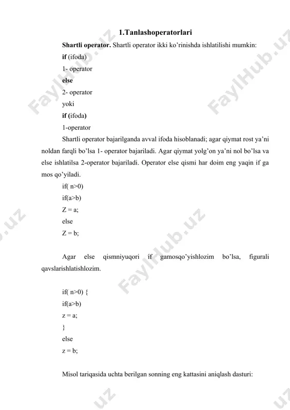 s kelmasa default orqali ko’rsatilgan operator bajariladi. uzish break operatori ishlatilmasa shartga mos kelgan variantdan tashqari keyingi variantdagi operatorlar ham avtomatik bajariladi. quyidagi default, break va belgilangan variantlar ixtiyoriy tartibda kelishi mumkin. umuman default yoki break operatorlarini ishlatish shart emas. belgilangan operatorlar bo’sh bo’lishi ham mumkin. misol tariqasida bahoni son miqdoriga qarab aniqlash dasturini ko’ramiz. #include int main() { int baho; scanf("%d", &baho); switch(baho) { case 2:printf("\n yomon");break; case 3:printf("\n o'rta");break; case 4:printf("\n yahshi");break; case 5:printf("\n alo");break; default: printf("\n noto'g'ri kiritilgan"); }; return 0; } keyingi misolda kiritilgan simvol unli harf ekanligi aniqlanadi: #include int main() { char c; scanf("%c", &c); switch(c) { case 'a': case 'u': case 'o': case 'i': printf("\n simvol unli");break; default: printf("\n simvol unli emas"); }; return 0; } adabiyotlar: 1. k.p.abduraxmanov, o’.egamov “fizika kursi” darsligi, toshkent.: aloqachi 2013 y. 2. k.p.abduraxmanov, o’.egamov “fizika kursi” darslik, toshkent, “o’quv ta’lim metodikasi” 2015 y. 3. савельев и. в. …