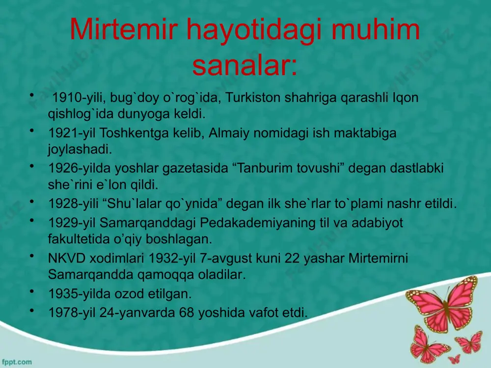 mlash. mirtemir hayoti va ijodi haqida so’zlab bering. shoirning birinchi she’ri va to’plami qanday nomlanadi, ular qachon e’lon qilingan? shoir ijodidagi bosh mavzular haqida so’zlang. «bulut» she’rida badiiylik, jumladan, ohangdoshlik nimalarda ko’rinadi? «shudring» she’rida shoir tabiat hodisasini nimalarga o’xshatadi va uni qanday badiiy izohlaydi? mirtemir she’rlarida bolalik xotiralarining о’rnini qanday izohlaysiz? mirtemir she’riyatining ahamiyati haqida mulohaza yuriting. nega mirtemir she’rlari o’qimishli, xalqga yetib borishi oson? mirtemir she’rlarining milliyligi to’g’risida nima deya olasiz? uyga vazifa: mirtemir she’rlaridan yod aytishga tayyorgarlik ko’ring. e’tiboringiz uchun rahmat! image19.jpeg image20.jpeg image21.jpeg image22.jpeg image23.jpeg image24.jpeg image25.jpeg image26.png image27.jpeg image28.png image29.jpeg image30.jpeg image31.jpeg image32.jpeg image33.jpeg image34.jpeg image35.jpeg image1.jpeg image10.jpeg image11.png image12.png image18.jpeg image2.jpeg image3.jpeg image4.jpeg image5.jpeg image6.jpeg image7.jpeg /docprops/thumbnail.jpeg