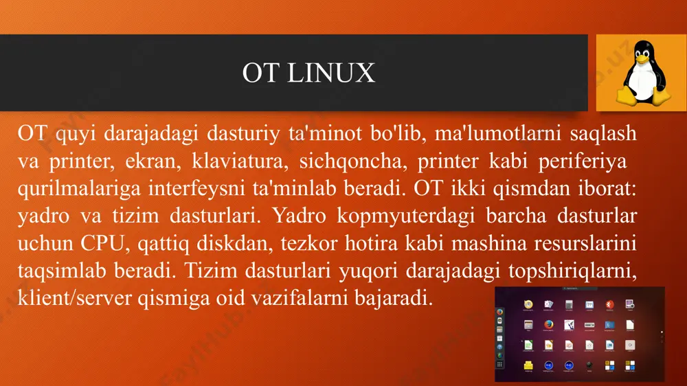 tansiyalar uchun unix — turkumli operatsion sistema. bu tarmoqli darchali grafik sistemasiga ega bo’lgan x window system sistemasi bo’lib, ko’p qo’llaniladigan, yaxshi himoyalangan tarmoqli operatsion sistema hisoblanadi. linux оt internet tarmog’idagi ochiq sistemalar va protokollar standartlarini qo’llab-quvvatlaydi hamda unix, dos, ms windows sistemalariga mos keladi. sistemaning barcha komponentiari, dastlabki matnlar bilan birgalikda chegaralanmagan holda barcha foydalanuvchilarga ochiq nusxa olish va o’rnatish uchun litsenziya bilan birga tarqatiladi. linux afzalligi foydalanuvchilarning ko’p qismi gnu/linuxni o’rnatish uchun distributivlar bilan foydalanishadi. distributiv – bu nafaqat programmalar to’plamidir, balki foydalanuvchilarning bir qator masalalarining yechimi, birlashtirilgan yakka sistemalar markaziy o’rnatgichi, boshqarish va yangilash paketlari, moslashtirishlar va texnik yordamlar majmuasidir. dunyoda eng ko’p tarqalgan distributivlar: amerikaliklarning red hat va uninig bepul vorisi fedora core; nemislarning suse; frantsuzlarning mandriva (eski nomi mandrake); ayni bir xalqqa ta’luqli bo’lmagan debian gnu/linux; keksa distributivlardan biri bo’lmish slackware; nisbatan yosh va aktiv rivojlanuvchi gentoo; juda yosh, lekin istiqbolli ubuntu linux linux turlari …