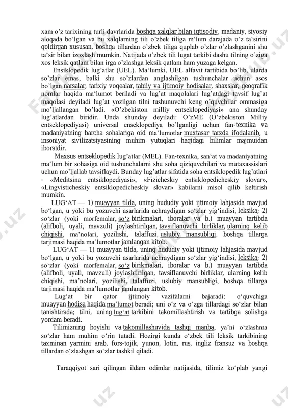 , pichoq; 3) tabiiy borliqqa oid nomlar: quyosh, er, oy, yulduz, osmon, chaqmoq, zilzila, shamol, qor, yomg‘ir, bulut, tuman, o‘t, suv, daryo, tog‘ , tosh, daraxt, kecha, kunduz, tun, yorug‘lik, oy, yil; 4) tirik mavjudot va ularning tana a’zolari nomlari: kishi, odam, er, xotin, chol, kampir, qari, yosh, dehqon, bog‘ bon, shifokor, o‘qituvchi, do‘st, dushman, mehnatkash, qush, hayvon, buzoq, mol, sigir, ot, mushuk, ilon, toshbaqa, chivin, qo‘l, oyoq, bosh, tish jigar, qorin, ichak, kurak, burun, lab, ko‘z; 5) qarindoshlikka oid nomlar: ota, ona, buva, buvi, momo, amaki, amma, xolla, tog‘a, aka, opa, singil, uka, o‘g‘il, qiz; 6) jamiyatga oid nomlar: vatan, mamlakat, yurt, xalq, armiya, davlat, tuzum, jamiyat, tashkilot, hokimiyat, sud, prokrotura; 7) harakat bildiruvchi so‘zlar: yurmoq, turmoq, o‘tirmoq, yotmoq, uxlamoq, uyg‘ onmoq, yuvmoq, bormoq, kelmoq, kulmoq, yig‘lamoq, gapirmoq, o‘smoq; 8) miqdor bildiruvchi so‘zlar: bir, ikki, uch, to‘rtinchi, oltinchi, o‘ninchi, ming, o‘n ming, ko‘p, oz, picha, sal; 9) olmoshlar: men, …