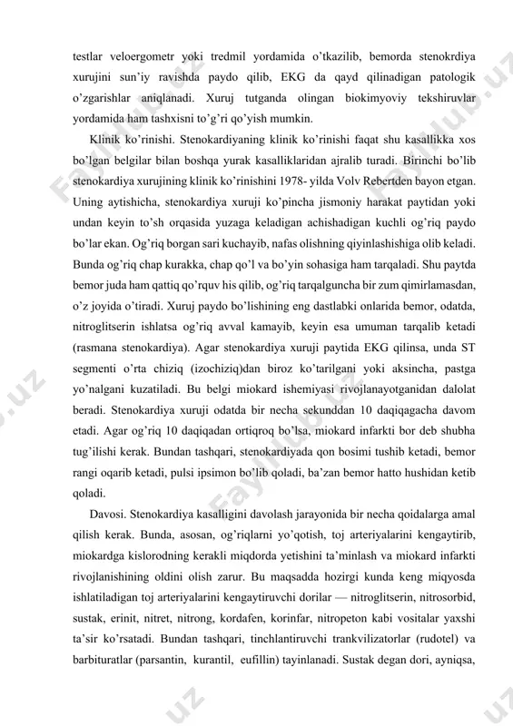 tinchlantiruvchi trankvilizatorlar (rudotel) va barbituratlar (parsantin, kurantil, eufillin) tayinlanadi. sustak degan dori, ayniqsa, samarali hisoblanadi. toj arteriyalarining mayda tarmoqlari va kapillarlarini kengaytiruvchi kurantil ham yaxshi ta’sir ko’rsatadi. ko’pincha stenokardiya xuruji yurak urish maromini buzib, ekstrosistoliya, ya’ni yurakning navbatdan tashqari urishiga sabab bo’lishi mumkin. bu holda izoptinni 1,0 ml dan vena ichiga yuborgan ma’qul. shu bilan birga, boshqa dorilar ham buyuriladi (kordaron, xinidin, ritmilen). stenokardiya xurujlarini bartaraf etish va oldini olish maqsadida bemorlarga ancha vaqt interkondin berib turish kerak. kechqurun yotishdan oldin 1—2 dona aspirin ichilsa, miokard infarktining oldini olish mumkin bo’ladi. parvarishi. hamshira bemorning kayfiyatiga va ahvoliga, pulsi, a/b, nafasining tezligiga qarab boradi. xuruj davrida har qanday aktiv harakatlar bemorga to’g’ri kelmaydi. bemorning ovqat ratsionida osh tuzi miqdorini cheklab qo’yish kerak. qo’zg’atuvchi ta’sir ko’rsatadigan dudlangan, o’tkir taomlar, sergo’sht sho’rvalar istisno qilinadi. chekish va ichkilik ichishning zararli ekanligini hamshira bemorning o’ziga va uning qarindoshlariga tushuntirib beradi. miokard infarkti miokard infarkti deb, …