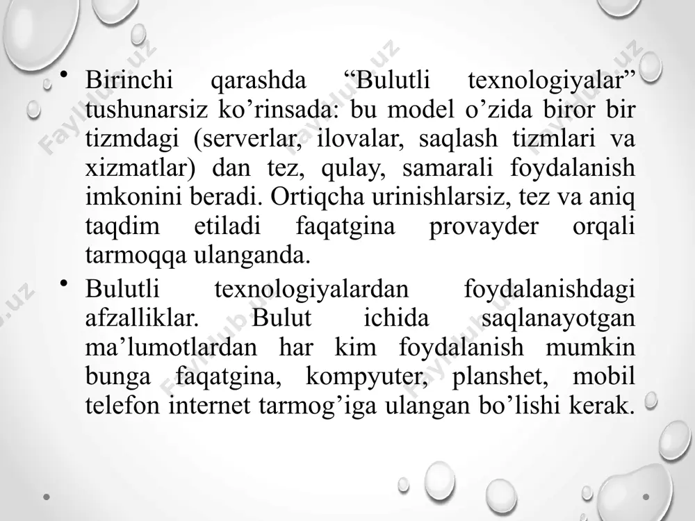 bugungi kunda mavjud bo’lib, u bir davlat “bulut”da kompaniyasi hujjatlar uchun eng qimmatli saqlash uchun tavsiya qilinmaydi va lumotlarning 100% maxfiyligini kafolatlaydi .xavfsizlik. grafik foydalanish (windows kabi) standart yadrosi foydalanish, “cloud” o'z ichida etarlicha mustahkam tizimi, lekin katta ma’lumotlar omboriga yana minus uchun tajovuzkor kirish bilan. tizimning viruslari va zaifliklaridan foydalanishga imkon beradi. uskunaning kengligi. o'zingizning bulutingizni qurish uchun siz asosan tashkil etilgan va kichik kompaniyalar uchun foydali bo'lmagan muhim moddiy resurslarni ajratib olishingiz kerak. resursni yanada monetizatsiya qilish. bulutli hisoblash imkoniyatlari: -internetga ulangan har qanday kompyuterdan shaxsiy ma’lumotlarga kirish; -turli xil qurilmalardan (kompyuterlar, planshetlar, telefonlar va hokazo) ma’lumotlar bilan ishlashingiz mumkin. siz istagan operatsion tizimda ishlashni xohlamasligingiz muhim emas - veb-xizmatlari har qanday os brauzerida ishlaydi. siz va boshqalar bilan bir xil ma’lumot bir vaqtning o'zida turli xil qurilmalardan ko’rish va tahrir qilishingiz mumkin. ko’p pulli dastur bepul (yoki arzon) veb-ilovalarga aylandi. agar qurilmangiz (kompyuter, planshet, telefon) bilan bog’liq …