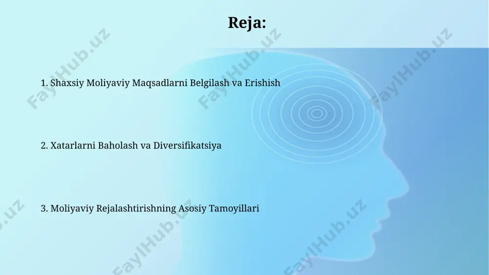 50%ini ehtiyojlarga, 30%ini istaklarga, 20%ini esa tejash va qarzlarni to'lashga yo'naltiring. byudjet tuzuv va xarajatlarni nazorat qilish xarajatlarni nazorat qilish uchun oylik xarajatlar ro'yxatini tuzib, har bir toifaga (masalan, oziq-ovqat, transport, kommunal xizmatlar) o'rtacha 150 000 so'mdan oshmaslikka harakat qilish kerak. avtomatlashtirilgan moliyaviy hisob-kitob dasturlari yordamida oylik xarajatlarni tahlil qilib, kamida 10% tejash imkoniyatlarini aniqlash mumkin. nafaqaga tayyorgarlik nafaqaga tayyorgarlik rejasini tuzishda inflyatsiya koeffitsiyentini hisobga olish va kamida 5% ga teng bo'lgan yillik daromad olishni ko'zlash muhim, shuningdek, sog'liqni saqlash xarajatlarini ham hisobga olish kerak. nafaqaga tayyorgarlikni boshlash uchun ideal vaqt 30 yoshdan keyin hisoblanadi, chunki bu davrda uzoq muddatli investitsiyalarni amalga oshirish va yuqori daromad olish imkoniyati yuqori bo'ladi. e'tiboringiz uchun rahmat @taqdimot_robot image2.jpg image3.jpg image4.jpg image5.jpg image6.jpg image7.jpg image8.jpg image1.png