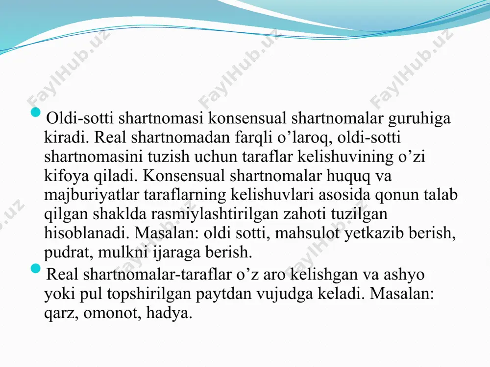 shtirok etishga jalb qilishi shart. agar sotuvchi ishda qatnashganida sotilgan tovar sotib oluvchidan olib qo’yilishining oldini olgan bo’lishi mumkinligini isbotlab bersa, sotib oluvchining sotuvchini ishda qatnashishga jalb qilmasligi, sotuvchini sotib olingan tovar olib qo’yilganligi tufayli vujudga kelgan zararni qoplash huquqidan maxrum qilishi mumkin. сотиб олувчидан товар олиб қўйилган тақдирда сотувчининг жавобгарлиги: олди-сотди шартномаси бажарилгунга қадар вужудга келган асослар бўйича учинчи шахслар сотиб олувчидан товарни олиб қўйган ҳолларда сотувчи сотиб олувчига у кўрган зарарни қоплаши лозим, сотиб олувчи бундай асосларнинг мавжудлигини билган ёки билиши лозим бўлган ҳоллар бундан мустасно. олинган товар учинчи шахслар томонидан сотиб олувчидан талаб қилиб олинадиган ҳолларда тарафларнинг сотувчини жавобгарликдан озод қилиш ёки унинг жавобгарлигини чеклаш тўғрисидаги келишуви ҳақиқий эмас. сотувчи товарни топширишдан бош тортишининг оқибатлари: сотувчи товарни топширишдан бош тортган тақдирда, сотиб олувчи олди-сотди шартномаси бўйича мажбуриятни бажаришдан бир тарафлама тартибда бош тортишга ҳақли. бу ҳолда сотиб олувчининг шартномани бажаришдан бош тортиши шартномадан воз кечилиши натижасида унга …