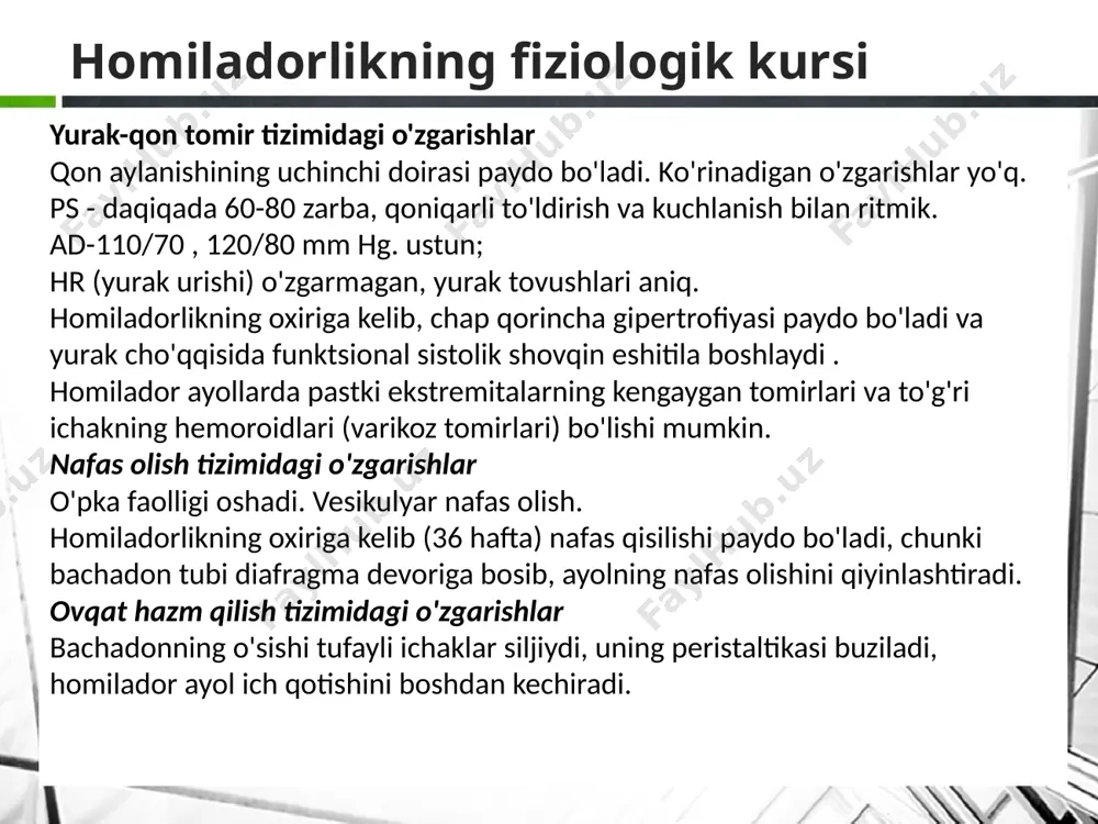a - platsenta va xorion shakllanishining boshlanishi. uning rivojlanishining buzilishi platsenta etishmovchiligiga va natijada embrionning o'limiga yoki xomilalik noto'g'ri ovqatlanishning rivojlanishiga 4-kritik davr 12-16 hafta , tashqi jinsiy a'zolar shakllanadi. estrogenning kiritilishi balog'at yoshida bachadon va vagina epiteliyasining displaziyasiga olib kelishi mumkin. 5-kritik davr 18-22 hafta . asab tizimining shakllanishini yakunlash. ionlashtiruvchi nurlanish metabolik kasalliklar va irsiy kasalliklarga olib keladi (nuqsonlar soni, qalqonsimon bez saratoni va boshqalar ko'payadi). 9 homiladorlik vaqtini va yaqinlashib kelayotgan tug'ilish sanasini aniqlash homiladorlik davri va tug'ilgan sanasini aniqlash katta amaliy ahamiyatga ega. ayollarda homiladorlik o'rtacha 280 kun davom etadi, ya'ni. 40 hafta yoki 10 akusherlik oyi. kelgusi tug'ilish kunini oxirgi hayz sanasi, homilaning birinchi harakati va boshqa ma'lumotlar bilan aniqlash mumkin . tug'ilgan sanani aniqlash uchun siz oxirgi hayzning birinchi kuniga 280 kun ( 10 akusherlik oyi va 7 kun) uchun oxirgi hayzning birinchi kunidan boshlab 3 oyni orqaga sanash va 7 kunni qo'shish odatiy …
