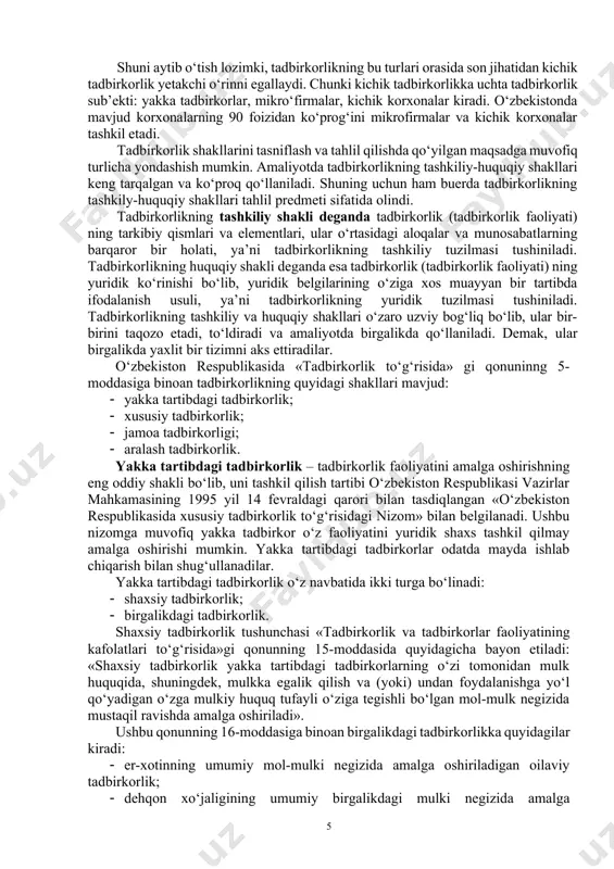 di; foydalanish huquqi deganda mol-mulkning foydali xossalarini topish, ularni amalda qo‘llab, samara yoki daromad olish imkoniyati tushiniladi; 2. operativ boshqaruv huquqiga asoslangan korxona: operativ boshqaruv huquqi deganda mulkdor bilan korxona, (korxonalar) o‘rtasida unga biriktirib qo‘yilgan mol-mulkka egailk qilish, undan foydalanish va uni tasarruf etish bo‘yicha yuridik tartib-qoidalar tushiniladi. tadbirkorlik, shuningdek, aralash mulkka asoslangan bo‘lishi ham mumkin. masalan, ayrim davlat korxonalarida xususiy mulk, ayrim aksiyadorlik jamiyatlarida esa davlat mulki ishtirok etadi, ayrim qo‘shma korxonalar ham aralash mulk shakllariga asoslangan. shuni tahkidlab o‘tish joizki, mulkni davlat tasarrufidan chiqarish va xususiylashtirish natijasida uning asosiy qismi xususiy sektorda mu-jassamlangan. hozirgi paytda respublikada mavjud korxonalarning 95 foizidan ko‘prog‘i xususiy mulkka va faqat 5 foiziga yaqini davlat (ommaviy) mulkka asoslangandir. tadbirkorlik sub’ektlari faoliyat miqyosiga ko‘ra ham turlarga bo‘linadi: kichik, o‘rta, yirik tadbirkorlik. tadbirkorlikni bunday turlarga ajratishda asosiy mezon sifatida ishlovchilarning o‘rtacha yillik soni olingan. ana shu mezon bo‘yicha respublikada korxonalar quyidagi turlarga bo‘linadi. 1. mikrofirma — …