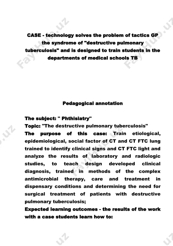 previous clinical pulmonary tuberculosis leading to disintegration and the formation of degradation. • clinical, laboratory, radiographic manifestations of destructive forms of pulmonary tuberculosis. • features of the differential diagnosis and monitoring of conditions in the health center patients with destructive pulmonary tuberculosis. • the necessary preventive measures in the hearth of patients with destructive pulmonary tuberculosis. situation. a patient 40 years. during the 4-month complained of general weakness, body temperature 380s, weight loss, cough paroxysmal character with expectoration. in a week marked blood in the sputum. from history revealed that the patient in the last 3-4 months, frequent acute respiratory disease with prolonged cough with sputum. for several years, was not working. the patient is in contact with tb father. prior medical history: • from an illness - frequent colds; • an allergy is not marked; • grow and develop a healthy child; • blood products not received; • injection …
