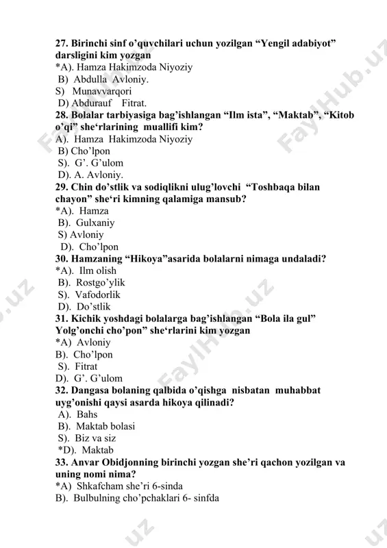 uka grimmlar d) sharl perro 44. maktabda botanika o’qituvchisi bo’lib ishlagan va orta osiy davlat universitetining biologiya fakultetida o’qigan bolalar shoiri kim? *a) q. muhammadiy v). ilyos muslim s). po’lat mo’min d). adham raxmat. 45.“ov qilmoq merganlik-ermak narsa, lekin eng zo’r zaruriyat maktabdir. turmushning ko’p sirlarini maktab o’rgatadi” qaysi asardan olingan parcha? a). oybek “navoiy” v). oybek “guli va navoiy” *s) oybek “alisherning yoshligi” d). oybek “bolalikni eslab” 46. a.obidjonning ‘ona yer” kitobi qachon nashr etigan? *a) 1974 yil b). 1975 yil s). 1985 yil d). 1995 yil 47. “... zilzilani yerning gimnastika qilishi, chuvalchangni yer traktori”deb ta‘riflagan bolalar shoiri kim? a). zafar diyor v) q. muhammadiy s). ilyos muslim *d). adxam rahmat. 48. qig’izistonda tug’g’lib,qashqadaryoning yakkabog’ tumanida sherozi, shoman, qirg’iz qishloqlarida o’qituvchilik qilgan bolalar shoirini toping. *a) ilyos muslim v). sadot toji s). tursunboy adashboev d). zafar diyor. 49. gulxaniy tojikcha g’azallarda qanday taxallus qo’lladi? a). “gulaxiy” v). “muntazir” …