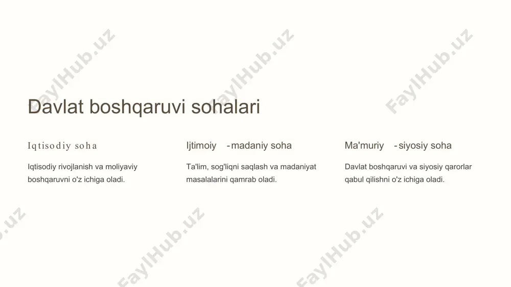 vazifalari vazirliklar va idoralarga o'tkaziladi. strategiya va standartlar parlament va markaziy hukumat tomonidan belgilanadi. erkinlik berish davlat xizmatini ko'rsatishda ma'lum erkinlik beriladi. vertikal nomarkazlashtirish 1 vazifa lar o 'tkaz ilish i markaziy ijroiya hokimiyatdan mustaqil organlarga o'tkaziladi. 2 mustaqillik darajasi joylardagi organlar to'liq yoki qisman mustaqillikka ega bo'ladi. 3 qonunchilikka muvofiqlik xizmatlar ko'rsatish va moliyalashtirish qonunchilikka muvofiq amalga oshiriladi. vertikal dekonsentratsiyalash 1 vazifa la r n i taq sim lash ayrim vazifalar tegishli hududiy bo'linmalarga beriladi. 2 markaziy strategiya doirasi hududiy boshqaruv organlari markaziy hukumat strategiyasi doirasida ishlaydi. 3 moliyalashtirish odatda davlat byudjetidan moliyalashtiriladi. jamoatchilik nazoratini kuchaytirish 1 vazifa la r n i o 'tkaz ish nodavlat tashkilotlariga ayrim vazifalar o'tkaziladi. 2 nazorat kuchaytirish davlat organlari ustidan jamoatchilik nazorati kuchaytiriladi. 3 fuqarolik jamiyatini rivojlantirish fuqarolik jamiyati institutlari roli oshiriladi. nomarkazlashtirish tam o y illa r i (1- q ism ) m ar kaz lash t ir ish davlatning siyosiy va …