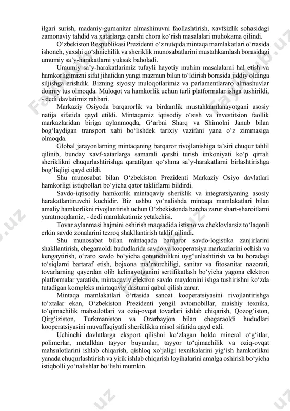 dagi istiqbollar belgilanib, birlashgan millatlar tashkilotining elektron hukumat reytingida top-30 talikka kirish vazifasi qo‘yildi. ma’lumki, bu reyting (e-government development index) mamlakatlarda soha rivojini ko‘rsatuvchi xalqaro indeksdir. uning ahamiyatli jihati, aholi va davlat o‘rtasida elektron muloqotni kengaytirish, xizmatlarni qulaylashtirish, mamlakatning investitsiyaviy jozibadorligini oshirishga xizmat qiladi. so‘nggi yillarda unda o‘zbekistonning o‘rni izchil ko‘tarilib, o‘tgan yili 69-pog‘onada qayd etilgan. reytingda yuqori 30 ta mamlakat qatoriga kirish uchun xorijlik ekspertlar ishtirokida, xalqaro metodologiya asosida 6 ta yo‘nalish bo‘yicha 53 ta tadbirdan iborat “yo‘l xaritasi” ishlab chiqildi. unda onlayn xizmatlar bo‘yicha 112 ta ko‘rsatkichni yaxshilash, 2024-yilda 700 ta raqamli xizmatni ishga tushirish va barchasini my.gov.uz ga jamlash, aholi maskanlari va avtomagistral yo‘llarni yuqori tezlikdagi internet bilan ta’minlash nazarda tutilmoqda. bu jarayonlarni ilmiy-huquqiy ta’minlash, hamkorlar bilan ishlab, kamchiliklarni bartaraf etib borish maqsadida “raqamli o‘zbekiston – 2030” strategiyasi bo‘yicha komissiyasi huzurida loyiha ofisi tashkil etilmoqda. davlatimiz rahbari bu takliflarni ma’qullab, onlayn xizmatlarni va yuqori texnologiyalar sohasida inson …