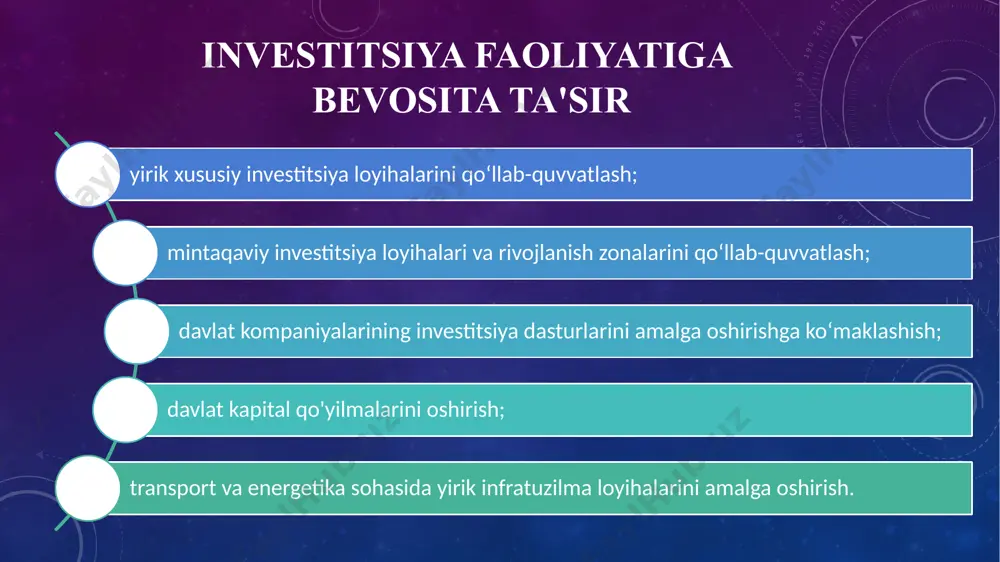 majburiyatlarini belgilaydi. bu qonun tadbirkorlarning boshqa korxonalar, tashkilotlar va davlat boshqaruvi organlari bilan o’zaro munosabatlarini tartibga soladi va mulkchilik shakllarini erkin tanlashni, xo’jalik yuritishni, faoliyatni teng huquqli asosda amalga oshirishni, o’zaro hamkorlik va erkin raqobatni ta’minlashni o’z ichiga oladigan shartlarning shakllanishiga yordam beradi. image2.png image3.png image4.png image5.png image6.png image7.png image8.png image9.png image10.png image11.png image12.png /docprops/thumbnail.jpeg
