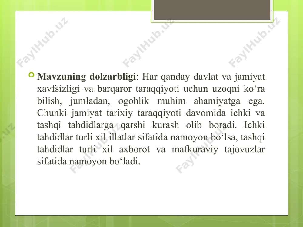 larni chizish ma’naviy-axloqiy buzuqlik degradatsiyaning ko‘rinishlari bir jinsli nikoh loqaydlik jamoat joyda kiyinish madaniyatini buzgan holda yurish kattalarga behurmatlik erkaklarning ayollarcha o‘ziga oro berishi va boshqa shu kabi milliy axloq-odob qoidalariga zid harakat va odatlar ma’naviy-axloqiy buzuqlik degradatsiyaning ko‘rinishlari ma’rifiy yetuklik – ogoh jamiyatning muhim quroli fikrga qarshi fikr, g‘oyaga qarshi g‘oya hozirgi vaqtda ko‘z o‘ngimizda dunyoning geopolitik, iqtisodiy va ijtimoiy, axborot-kommunikatsiya manzarasida chuqur o‘zgarishlar ro‘y berayotgan, turli mafkuralar tortishuvi keskin tus olayotgan bir vaziyatda, barchamizga ayonki, fikrga qarshi fikr, g‘oyaga qarshi g‘oya, jaholatga qarshi ma’rifat bilan kurashish har qachongidan ko‘ra muhim ahamiyat kasb etmoqda. “ommaviy madaniyatga” uning kelib chiqishini va asosuning kelib chiqishini va asosiy xususiyatlarini izohlab berishni,”madaniyat” tushunchasi mazmunini o‘rganishdan boshlash kerak madaniyat” (arabcha “madinalik”, “shaharlik”, “ta’lim – tarbiya ko’rganlik” ) ma’nosini anglatadi “madaniyat” so’zi musulmonlarning aziz tutadigan joyi – madina shaxri nomidan kelib chiqqan.chunki ilk musulmonlar ta’lim-tarbiyani asosan madinada olganlar madaniyat jamiyat bilan rivojlanadi. madaniyat jamiyatning taraqqiyot …