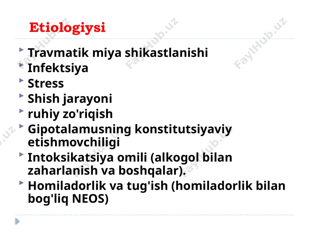 i, o'sish gormoni, fsg, progesteron, testosteron, aldosteron, prolaktin, estradiolning kunlik sekretsiyasi buziladi. giperinsulinizm mavjud neyro-vegetativ simptomlar birinchi o'ringa chiqadi патогенез югс tuxumdonlarda gonadotrop funktsiyaning buzilishi natijasida follikullarning o'sishi va etukligi buziladi, ularning kist atreziyasi rivojlanadi, teka va stroma hujayralarining giperplaziyasi, ikkilamchi polikistik tuxumdonlar hosil bo'ladi. yog 'to'qimalarida androgenlar va estrogenlarning ekstragonadal sintezi sodir bo'ladi, bu tana massasi indeksi bilan ijobiy bog'liqdir. ekstragonadal sintez qilingan estrogenlar endometriumdagi giperplastik jarayonlarning rivojlanishi uchun javobgardir. klinikasi giperkortisizm gipertenziyaga, uglevod, yog‘ va oqsil almashinuvining buzilishiga, insulin tolerantligining (insulinga chidamliligi va kompensator giperinsulinemiya), dislipidemiyaga, glyukoneogenezga olib keladi. kortizol yog 'to'qimalarining asosan elkama-kamar, qorin bo'shlig'i va ichki organlarning tutqichida cho'kishi bilan o'ziga xos semirishga olib keladi klinikasi 10-25 kg progressiv vazn ortishi fonida hayz davrining buzilishi. hayz ko'rish yoshi populyatsiyadagidan farq qilmaydi (12-13 yosh). post-pubertal va homiladorlikdan keyingi shaklning o'ziga xos xususiyati turli omillar ta'siridan keyin hayz davrining ikkinchi darajali buzilishi hisoblanadi. menstural tsiklning buzilishi hayz ko'rishning …
