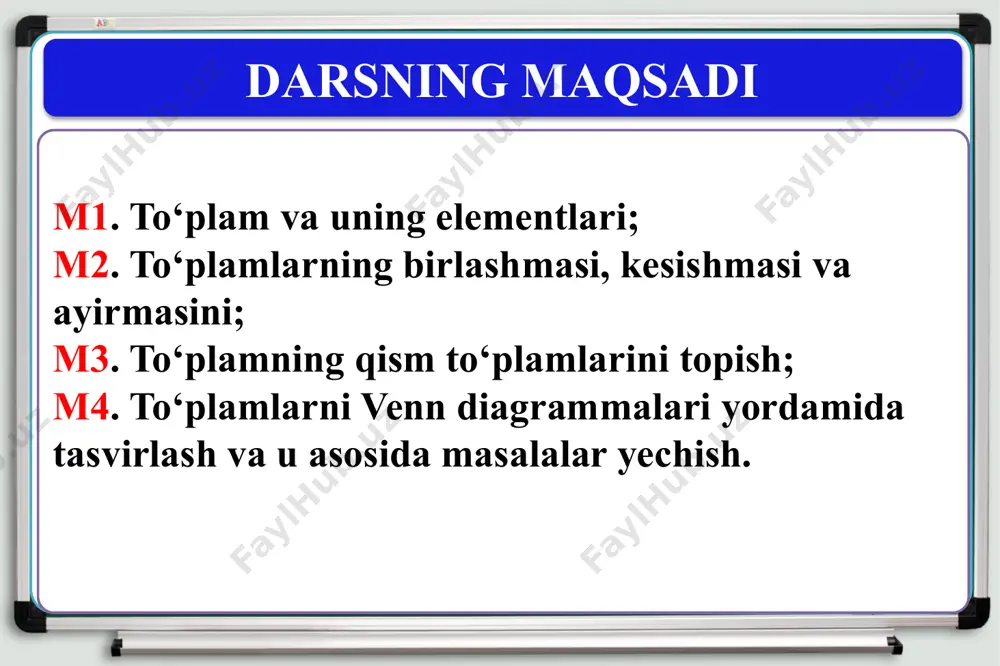 rning kesishmasi kabi belgilanadi. p= {30 ning bo‘luvchilari} va q = {40 ning bo‘luvchilari} bo‘lsin. p ⋂ q ni toping? yechish: 30 ning bo‘luvchilari => 1,2,3,5,6,10,15,30. 40 ning bo‘luvchilari => 1,2,4,5,8,10,20,40. p= {1,2,3,5,6,10,15,30} va q = {1,2,4,5,8,10,20,40} javob: p ⋂ q= {1,2,5,10} 2-masala to’plamlarning ayirmasi a va b to'plamlarning ayirmasi deb, a ning b ga tegishli bo'lmagan barcha elementlaridan tuzilgan to‘plamga aytiladi. a va b to‘plamlarning ayirmasi a b kabi belgilanadi. p= {30 ning bo‘luvchilari} va q = {40 ning bo‘luvchilari} bo‘lsin. p \ q ni toping? yechish: 30 ning bo‘luvchilari => 1,2,3,5,6,10,15,30. 40 ning bo‘luvchilari => 1,2,4,5,8,10,20,40. p= {1,2,3,5,6,10,15,30} va q = {1,2,4,5,8,10,20,40} javob: p \ q= {3, 6, 15, 30} 3-masala masalalar yechish 4-masala a = {1;2;3;4}, c  {x: x = 2n - 1, na} bo‘lsa, a⋂c to‘plamni aniqlang? a) {1; 3;4} b) {1; 3} c) {1; 2;3} d) {1; 2;4} masalalar yechish 4-masala a = {1;2;3;4}, …