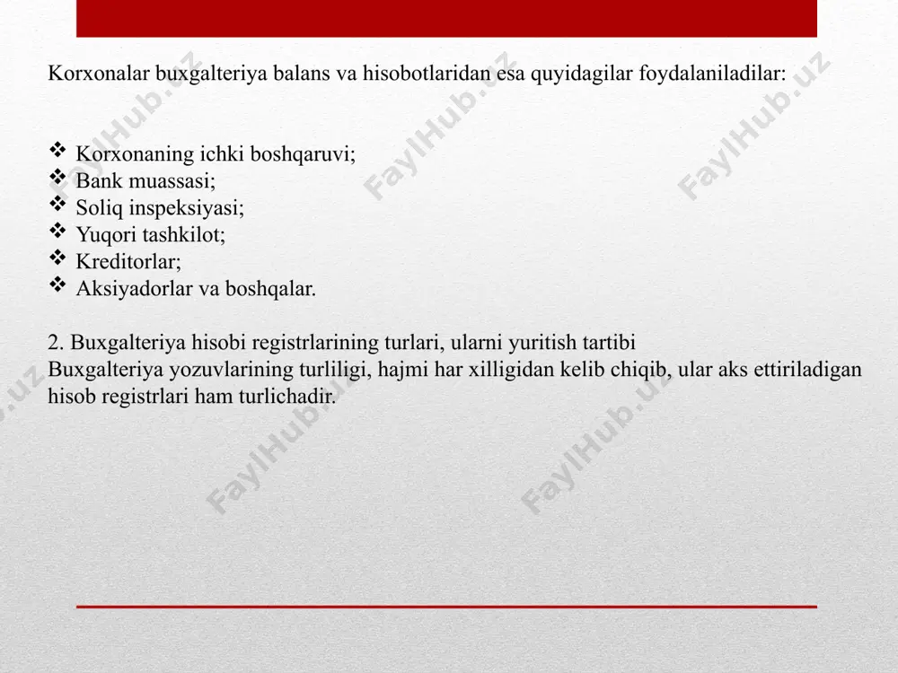 ashtirish imkoniyatlari kamayadi. buxgalteriya xodimlari mehnat unumdorligini oshishiga halaqit beradi. birinchidan,daftardan galma-galdan foydalanish natijasida vaqt yo‘qotiladi; ikkinchidan, buxgalteriya daftarining hajmi katta bo‘lib, tegishli varaqni topib, undan foydalanishni sekinlashtiradi. buxgalteriya daftarlarining hamma varaqlari ham hamma vaqt foydalanilaverilmaydi. to‘ldirilmagan varaqlar esa kelgusi hisobot davri uchun foydalanilmaydi va hisob registrlari bilan bog‘liq xarajatlarni oshishiga olib keladi. buxgalteriya daftarlari bir hisobot yili uchun mo‘ljallangan. buxgalteriya registrlari ulardagi yozuv turiga ko‘ra, kombinatsiyalashgan shaklda ham bo‘ladi. kombinatsiyalashgan buxgalteriya registrlarining o‘ziga xos xususiyati shundaki, ularda xronologik va tizimli yozuvlar birgalikda aks ettiriladi. bunday registrlarning afzalligi quyidagilardan iborat: hisob ishlari ixchamlanadi. buxgalteriya yozuvlari aks ettiriladigan registrlar miqdorini qisqartiradi. xronologik va tizimli yozuvlar umumlashtirilgan va kombinatsiyalashtirilgan hisob registrlariga jurnal-order misol bo‘ladi. buxgalteriya hisobi registrlari ularda aks ettiriladigan ma'lumotlar hajmiga ikki turga ajratiladi. 1.sintetik registrlar. 2. analitik registrlar. sintetik registrlar sintetik hisob ma'lumotlarini aks ettirishga mo‘ljallangan bo‘lib, ularga bosh daftar, jarayonlarni ro‘yxat qilish jurnali, jurnal-orderlar va boshqalar misol bo‘ladi. analitik …