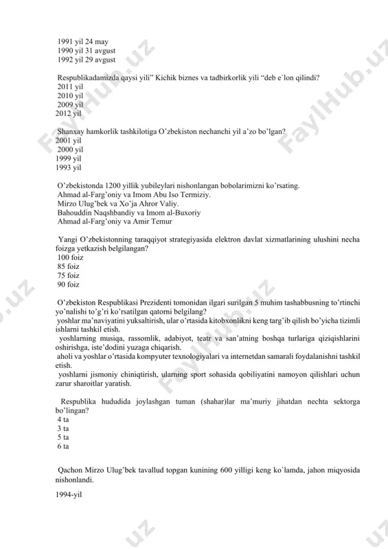 gektar o‘rmonzor barpo etilgani va kelajakda yana qancha barpo etilishi aytib o‘tilgan? 400 ming va 500 ming gektar 1 million 220 ming va 250 ming gektar 300 ming va 120 ming gektar 3 million 200 ming va 1 million 220 ming gektar davlatimiz rahbari bmt bosh assambleyasiga qanday taklif bilan chiqdi? «ma’rifat va diniy bag‘rikenglik» deb nomlangan maxsus rezolyusiyani qabul qilish islom madaniyatlararo sivilizatsiyasi bo‘yicha diniy bag‘rikenglik va millatlararo totuvlikni ta’minlash islomiy ma’naviyat va ma’rifat masalalari bo‘yicha o‘zbekiston mintaqaning nechta mamlakati bilan umumiy chegaraga ega? 5 6 7 4 o‘zbekistonda millatlararo totuvlikning kafolatini ayting? prezident mahallada jamoaviy yashash tartibotlari millatlarning yaxlit (kompakt) yashashi xorijiy mamlakatlarning homiyligi olma-ota shahrida 11 ta suveren davlat – ozarbayjon, armaniston, belarus, qozog‘iston, qirg‘iziston, moldova, rossiya, tojikiston, turkmaniston, o‘zbekiston hamda ukraina davlatlari qachon mustaqil davlatlar hamdo‘stligini tuzish shartnomasini imzolagan? 1991 -yil 21 -dekabrda 1991- yil 8- dekabrda 1993- yil 11- dekabrda 1992- yil 18- dekabrda qaysi …
