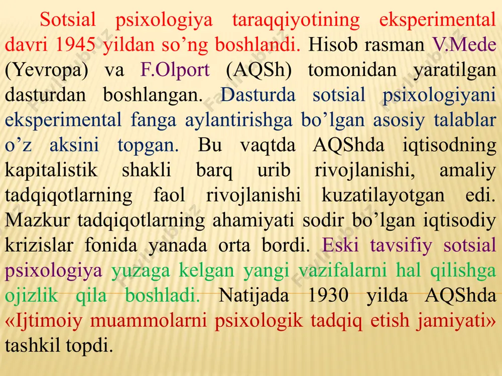 riyalarning mazkur yo’nalish doirasida tizimga keltirish e.fromm va dj.sallivan nomlari bilan bog’liq. sotsial psixologiyaning ba’zi bir muammolari k.yung, a.adler tadqiqotlarida rivojlantirildi. psixoanaliz doirasida yechishga qaratilgan ikkita sotsial-psixologik muammoni keltirish mumkin: inson va jamiyat o’rtasidagi konflikt, insonning ijtimoiy cheklovlar bilan to’qnashuvida namoyon bo’lishi va shaxsning ijtimoiy faollik manbalari. bu oqim ta’sirida t-guruhlar (trening guruhi) o’tkazish amaliyoti, ya’ni odamlarning bir-biriga ta’sir ko’rsatish mexanizmlaridan foydalanish paydo bo’ldi. psixoanaliz yangi psixologik yo’nalish – gumanistik psixologiyaning kelib chiqishiga turtki bo’ldi (a.maslou, k.rodjers). 4. sotsial psixologiyada kognitivizm kognitivizm k.levin nazariyasi asosida paydo bo`lgan psixologik yo’nalish bo`lib, undagi o’rganish ob’yekti munosabatlar tizimidagi kishilar, ularning bilish jarayonlari, ong tizimiga taalluqli bo`lgan kognitiv holatlar bo’ldi. kognitiv maktab vakillari (j.piaje, u.nayser, j.bruner, r.atkinson va b.) inson bilimlarining shakllanish usullari; sensor axborotning hosil bo’lishi, bilish jarayonlari tuzulmaviy bloklarining vujudga kelishi va rivojlanishi, inson bilimi va xulq-atvorining xotirada bilim hosil bo’lishidagi roli, intellektual funksiyalarning rivojlanishi, verbal va obrazli komponentlarning xotira va fikrlash …