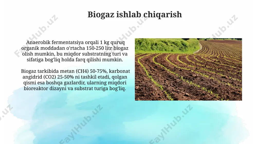 ifloslanishini 30% ga kamaytirishi mumkin. fitorremediatsiya usulida, quyosh gullari (helianthus annuus) o'simliklari, og'ir metallarni 50 mg/kg gacha yig'ib, tuproqni tozalashda samarali vosita hisoblanadi. tuproq eroziyasini oldini olishda biotexnologiya biotexnologik usullar, masalan, bio-muhandislik o'simliklari yoki mikoriza qo'llash, tuproqning suvni ushlab turish qobiliyatini 20-30% ga oshirib, eroziyaga chidamliligini yaxshilaydi. tuproq eroziyasining oldini olishda, 5-10 million/gektar bakteriya va zamburug'larni o'z ichiga olgan biopreparatlar tuproq unumdorligini tiklash va eroziyani kamaytirishda muhim rol o'ynaydi. xulosa va tavsiyalar биотехнологик усуллар ёрдамида тупроқ унумдорлигини 15-20% га оширишга эришиш мумкин, бу эса сув ва минерал ўғитлар тежамкорлигини таъминлайди. тупроқ микроорганизмларининг биомассасини 2 бараварга ошириш орқали, тупроқнинг эрозияга чидамлилигини ва ҳудудий биологик хилма-хиллигини яхшилаш мумкин. e'tiboringiz uchun rahmat @taqdimot_robot image2.jpg image3.jpg image4.jpg image5.jpg image6.jpg image7.jpg image8.jpg image9.jpg image10.jpg image11.jpg image12.jpg image13.jpg image1.png