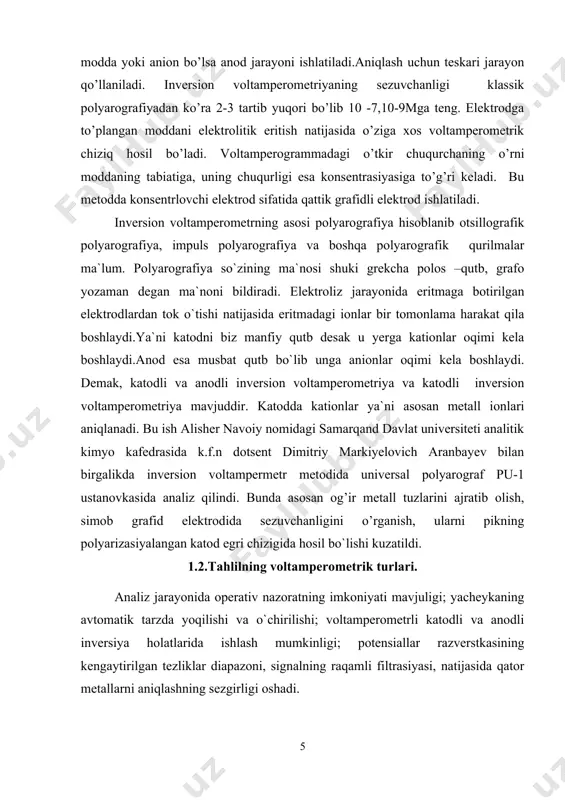 аnаlitik kimyo kаfedrаsidа k.f.n dotsent dimitriy mаrkiyelovich аrаnbаyev bilаn birgаlikdа inversion voltаmpermetr metodidа universаl polyarogrаf pu-1 ustаnovkаsidа аnаliz qilindi. bundа аsosаn og’ir metаll tuzlаrini аjrаtib olish, simob grаfid elektrodidа sezuvchаnligini o’rgаnish, ulаrni pikning polyarizаsiyalаngаn kаtod egri chizigidа hosil bo`lishi kuzаtildi. 1.2.tahlilning voltamperometrik turlari. analiz jarayonida operativ nazoratning imkoniyati mavjuligi; yacheykaning avtomatik tarzda yoqilishi va o`chirilishi; voltamperometrli katodli va anodli inversiya holatlarida ishlash mumkinligi; potensiallar razverstkasining kengaytirilgan tezliklar diapazoni, signalning raqamli filtrasiyasi, natijasida qator metallarni aniqlashning sezgirligi oshadi. bu ishda, shaxsiy kopmyuterga ulanish orqali, gomel zavodida yaratilgan pu- polyarografning nisbatan oddiy modernizasiyalash imkoniyatlari ko`rsatilgan. ushbu voltamperometrli kompleksning ustunligi bir zumdagi analitik signalning xarakteri va kattaligining o`lchanish natijalari, ularni ma`lumotlar bazasini tashkil etish maqsadida xotiraga yozib olish, tezda qulay usulda msoffice dasturiga uzatish orqali qog`ozga chiqarish imkoniyati mavjudligidir. amaliy grafikli dasturlar kompleksining quyidagilarni ta`minlaydi: • og`ir metallar piklarini aniqlash; • voltamperli chiziqlarni qayta ishlash; • analiz natijalarini rasmiylashtirish; • jadvallar va grafikli …