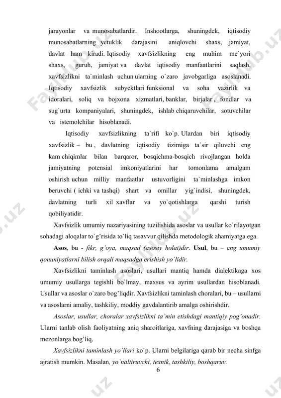 umlash, germetiklash, masofadan boshqarish, mahkamlash, to`siqlar orqali himoyalash, ojiz zveno qo`llash, siqilgan havo qo`llash, harakatlarni sekinlashtirish. 3. tashkiliy belgilari: vaqt bilan himoyalash, axborot (ma`lumotlar), zahiralash, mos kelmaslik, me`yorlash, xodimlar tanlash, ergonomiklik. 4. boshqaruv: moslik, nazorat, qarshi aloqa, javobgarlik, rejalilik, rag’batlantirishlar, samaradorlik, boshqarish. 2. xavfsizlikni taminlash usullari, ta`riflari inson mehnat faoliyati jarayonida bo`ladigan fazo – ish joyi (gomosfera), doim mavjud yoki vaqti-vaqti bilan xavf paydo bo`ladigan fazoni noksosfera deyiladi. xavfsizlikni taminlashga quyidagi usullar orqali erishiladi: a) gomosfera va noksosferani fazoviy va vaqt bo`yicha ajratib qo`yish, buni hal qilish uchun masofadan boshqarish, avtomatlashtirish, rabotlashtirish vositalari yordamidan foydalaniladi; b) xavflarni yo`qotish yo`li bilan noksosferani me`yorlashtirish. bu usulga ishchilarning shovqin, gaz, changdan jarohatlanishidan saqlovchi shaxsiy va birgalikdagi himoya vositalarini qo`llashi kiradi; d) bu usul ishchilarni tegishli muhitga moslashtirishga, ularni himoyalash darajasini ko`tarishga yo`naltirilgan har xil vositalar va usullar: kasbiga qarab tanlash, ruhiy ta`sir va (shaxsiy) himoya vositalari qo`llashni o`z ichiga oladi. amalda esa yuqorida …