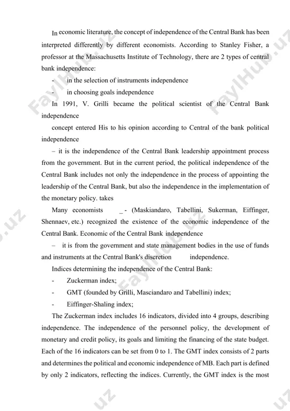 e independence of the mb, since sufficient data can be obtained to calculate it. the basis of the assessment of the political independence of mb within the gmt index criteria are as follows: · govt in appointing mb chairman interference; · chairman of mb for more than 5 years appointment; · mb board of directors without government interference appointment; · mb board of directors for more than 5 years management; · absence of the need for the participation of government representatives in the board of directors of mb; · decisions related to monetary policy should not be approved by the government; · mb legislation is to try to stabilize the price level condition; · legal norms that resolve problems between the ministry of finance and the government existence. the eyffinger–shaling index is calculated based on 3 factors: · in determining the monetary policy of the mb independence; · of government …