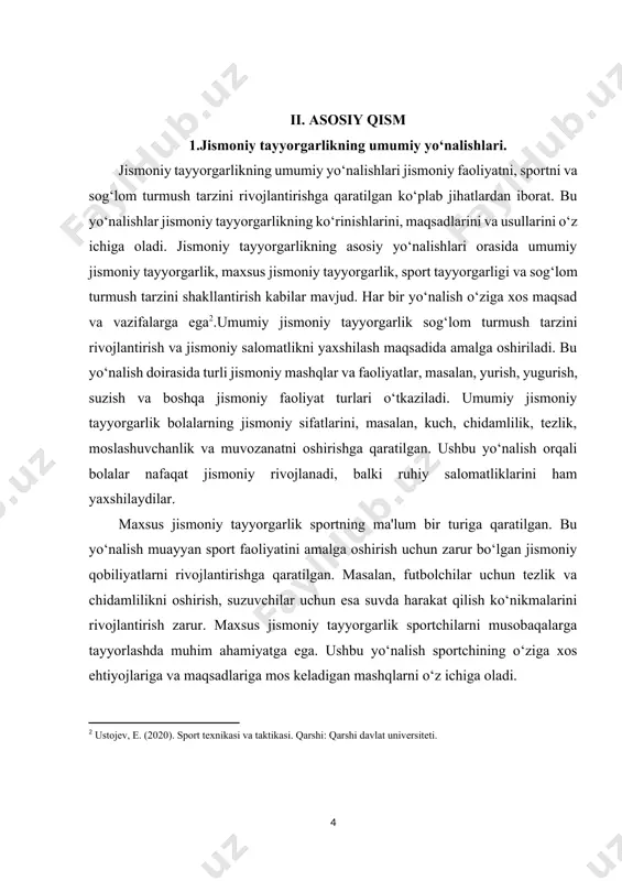 ma'lumot berish, shuningdek, jismoniy faoliyatga bo‘lgan qiziqishni oshirishga qaratilgan tadbirlar o‘tkazish zarur. jismoniy tayyorgarlikning umumiy yo‘nalishlari bir-biri bilan chambarchas bog‘liq bo‘lib, har biri o‘z navbatida boshqa yo‘nalishlarning rivojlanishiga ta'sir ko‘rsatadi. masalan, umumiy jismoniy tayyorgarlik bolalarning sportga qiziqishini oshiradi, maxsus jismoniy tayyorgarlik esa sportchilarni musobaqalarga tayyorlaydi. sog‘lom turmush tarzi esa jismoniy faoliyatni davom ettirish va jismoniy tayyorgarlik darajasini saqlab qolish imkonini beradi.shuningdek, jismoniy tayyorgarlik jarayonida ota-onalar, o‘qituvchilar va murabbiylarning roli muhimdir. ular bolalarni va sportchilarni jismoniy faoliyatga jalb qilish, motivatsiya berish va qo‘llab-quvvatlash orqali jismoniy tayyorgarlik darajasini oshirishga yordam berishlari zarur. ota-onalar bolalariga jismoniy tarbiya va sportga bo‘lgan qiziqishni rag‘batlantirishi, ularni faol hayot tarziga jalb qilish uchun sharoitlar yaratishi muhimdir.shunday qilib, jismoniy tayyorgarlikning umumiy yo‘nalishlari bolalarning jismoniy va ruhiy rivojlanishiga, sog‘lom turmush tarzini shakllantirishga va sportdagi muvaffaqiyatlariga katta ta'sir ko‘rsatadi. bu jarayon bolalarning o‘z qobiliyatlarini to‘liq amalga oshirishlari, sog‘lom va baxtli hayot kechirishlari uchun zarur sharoitlarni yaratadi. jismoniy tayyorgarlikning umumiy yo‘nalishlarini …