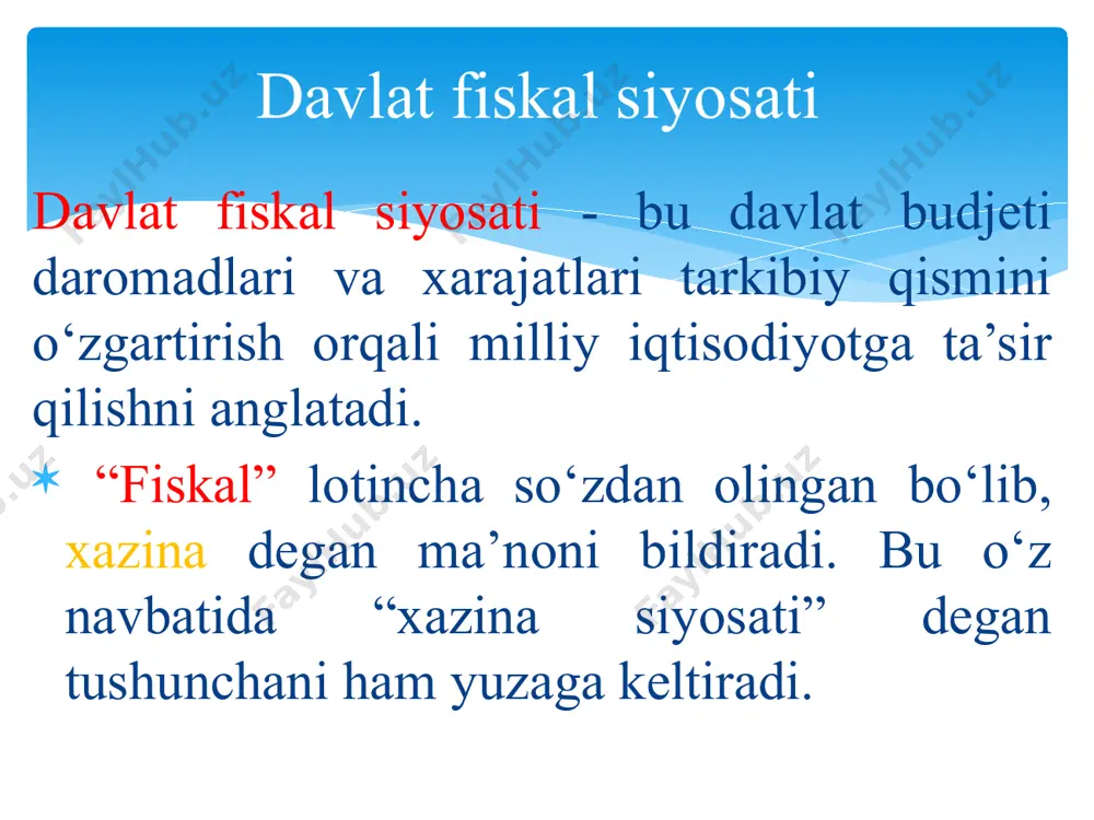 ka yo’l jamg’armasiga yig’imlar); 3. davlat boji; 4. bojxona to’lovlari; 5. ayrim turdagi tovarlar bilan chakana savdo qilish va ayrim turdagi xizmatlarni ko’rsatish huquqi uchun yig’im. soddalashtirilgan tartibda to’lanadigan soliqlarga quyidagilar kiradi: • yagona soliq to’lovi; • yagona yer solig’i; • tadbirkorlik faoliyatining ayrim turlari bo’yicha qat'iy belgilangan soliq. soliq solishning soddalashtirilgan tartibi quyidagilarga nisbatan qo’llaniladi: mikrofirmalar va kichik korxonalar; savdo va umumiy ovqatlanish korxonalari; tadbirkorlik faoliyatining alohida turlari bilan shug’ullanuvchi yuridik va jismoniy shaxslar. davlat byudjeti to’g’risida tushuncha va uning tuzilishi. byudjet inglizcha (budjet) so’z bo’lib, “hamyon, mablag’” degan ma'noni bildiradi. byudjet co’zining lotincha mazmuni esa “hamyon, cho’ntak” yoki “xo’jalik sumkasi”, degan ma'noni anglatadi. byudjet – belgilangan muddat (yil, kvartal) uchun ishlab chiqilgan, me'yorlashtirilgan hamda qonuniy ravishda tasdiqlangan daromadlar va xarajatlar yig’indisi. darajasiga ko’ra byudjet: davlat korxona, tashkilot (firma) oila shaxsiy (ayrim adabiyotlarda) davlat byudjeti: odatda, asosan bir yilga mo’ljallanadi; uni hukumat ishlab chiqadi va oliy majlis tasdiqlaydi; byudjet …