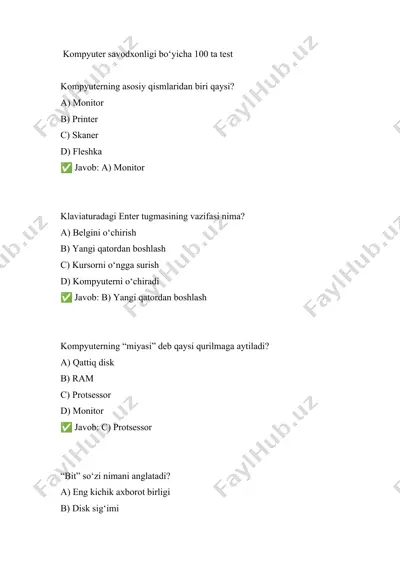 kompyuter savodxonligi bo‘yicha 100 ta test    kompyuter savodxonligi bo‘yicha 100 ta test         kompyuter savodxonligi boʻyicha 100 ta test savollari javoblari bilan — DOCX