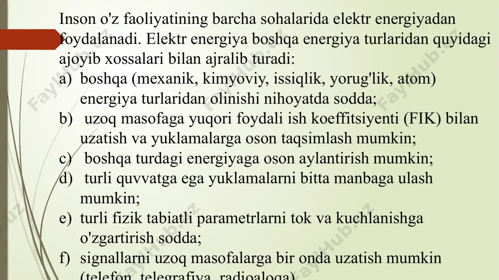 iyasining murakkab qirralaridan uning ko‘zga ko‘rinmasligi, rang va xidi yo‘qligi, eng asosiysi inson tanasi bilan tokli o‘tkazgichga tegishi natijasida sezishi hisoblanadi. ko‘p hollarda insonning tok ta’siriga tushib qolishi salbiy oqibatlarga olib keladi. zanjirdan tok yurishi uchun uchta asosiy shartning bajarilishi har bir elektr energetikasi qurilmasiga tegishli. bo‘larga: o‘zgaruvchan yoki o‘zgarmas tok manbasining mavjudligi; 2) o‘tkazgich va iste’molchining mavjudligi; 1 va 2 dagi shartlar o‘zaro kontur hosil qilishi hamda ushbu konturning berk bo‘lishi kiradi. nazariy bilimlarni puxta egallash talabalarni boshqa mutaxassislik fanlaridan sifatli bilim olishi uchun asos bo‘ladi. shu sababli «nazariy elektrotexnika» fanining umumiy ta’lim tarmog‘ida tutgan o‘rni beqiyosdir. «nazariy elektrotexnika» fani umum texnika fanlari ichida elektroenergetika, elekrotexnika, elektromexanika, avtomatika, telemexanika, informasion o‘lchash va hisoblash texnikasi mutaxassisliklariga kadrlarni tayyorlashda asosiy o‘rinni egallaydi. xususan, «elektroenergetika» yo‘nalishida o‘qitilayotgan «elektrotexnika materiallari», «elektronika asoslari», «elektromexanika», «elektr energiyasini ishlab chiqarish, o‘zatish va taqsimlash», «o‘tish jarayonlari» kabi fanlar bilan o‘zviy bog‘langan. sanab o‘tilgan fanlardan nazariy bilimlarni «nazariy …