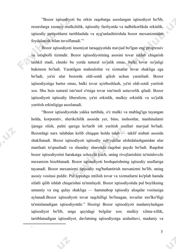 a farovon yashovchi o'rtahol tabaqa mavqeining oshib borishi, ijtimoiy muvozanatning saqlanishi va fuqaroviy to'qnashuvlarga o'rin qolmasligi va boshqa. bu belgilar hozirgi bozor iqtisodiyotini harakterlaydi, lekin uning taraqqiyoti shu bilan bozor iqtisodiyoti modellari — bozor iqtisodiyotining turlari. bozor iqtisodiyoti modellari modelning iqtisodiy rivojlangan mamlakatlarga xos bo'lgan aralash iqtisodiyot, ijtimoiy bozor xo'jaligi va korporativ iqtisodiyot ko'rinishlari mavjud. iqtisodiy tizim - iqtisodiy mahsulotni ishlab chiqarish, taqsimot, ayirboshlash va iste'mol jarayonida paydo bo'ladigan asosiy iqtisodiy munosabatlarning shakl va mazmunini belgilab beradigan, mamlakatda tarixan paydo bo'lgan yoki joriy etilgan, amal qiladigan tamoyillar, qoidalar, qonun yo'li bilan mustahkamlangan normalar majmui. i bob. bozor iqtisodiyotini tartibga solishda davlatning iqtisodiyotdagi roli va iqtisodiyotga ta’sir qilish usullari va vositalari haqida tushuncha 1.1.bozor iqtisodiyotini tartibga solishda davlatning iqtisodiyotdagi roli. milliy iqtisodiyotning samaradorligi ko`p omilli ko`rsatkich bo`lib, bunda samaradorlikning erishilgan darajasi ko`p jihatdan iqtisodiyotdagi davlat yoki bozor tizimining tutgan roliga bog`liq bo`lishi mumkin. chunki ancha yuqori samaradorlikka, birinchidan, bozorning tartibga solish …