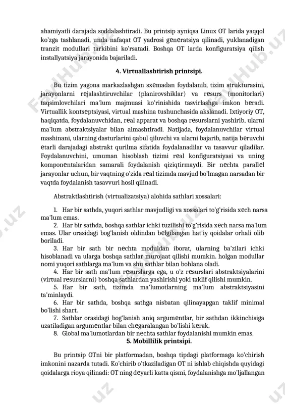 va ekspluotatsiya xossalarini aks ettiradi. foydalanishning maksimal samaradorligi, agar bu printsip ot ga ham, amaliy dasturlarga ham apparaturaga ham xos bo’lsa. 1-rasm. modullilik prinsipi 2. ot ni generatsiya qilish printsipi. bu printsip, yechiladigan masala va hisoblash tizimining konfiguratsiyasidan kelib chiqqan holda, ot ni sozlashga imkon beradigan ot yadrosi arxitekturasini tashkil etish printsipini belgilaydi. bu protsedura juda kam hollarda, ot ni uzoq vaqt davomida ekspluotatsiya qilish oldidan bajariladi. generatsiya jarayoni maxsus generator-dasturi va mos kirish tili yordamida amalga oshiriladi. generatsiya natijasida ot ning, tizimli modul va kattaliklardan iborat to’liq versiyasi vujudga keladi. modullilik printsipi generatsiyani ahamiyatli darajada soddalashtiradi. bu printsip ayniqsa linux ot larida yaqqol ko’zga tashlanadi, unda nafaqat ot yadrosi generatsiya qilinadi, yuklanadigan tranzit modullari tarkibini ko’rsatadi. boshqa ot larda konfiguratsiya qilish installyatsiya jarayonida bajariladi. 4. virtuallashtirish printsipi. bu tizim yagona markazlashgan sxemadan foydalanib, tizim strukturasini, jarayonlarni rejalashtiruvchilar (planirovshiklar) va resurs (monitorlari) taqsimlovchilari ma'lum majmuasi ko’rinishida tasvirlashga imkon beradi. virtuallik …