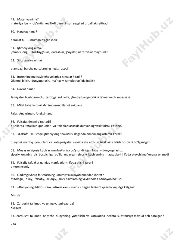 ssasi nimalardan iborat? o‘nlik sanoq sistemasi, arifmetik ilm amallari, algoritmlar nazariyasi va algebra fanining asoschisi 80. al-xorazmiyning jo‘g‘rofiya faniga oid asari qanday nomlangan? «kitob al-suratil ard» 81. abu rayxon beruniyning yozgan asarlarini aniqlang? «hindiston», «osor al-boqiya», «geodeziya» 82. beruniy gnoseologiyada qaysi pozitsiyani yoqlagan? sensualizmni 83. beruniyning falsafiy dunyoqarashini qaysi oqimga mos deb tushunish mumkin? deizm 84. beruniy fan bilan din o‘rtasidagi o‘zaro munosabat qanday bo‘lishi kerak deb xisoblaydi? din bilan fan bir-biriga halaqit bermasligi kerak deb hisoblaydi 85. beruniy bilishda haqiqatning mezoni deb nimani tushungan? hissiy bilish 86. ibn sinoning falsafiy asarlarini aniqlang? «donishnoma», «kitob ash-shifo», «tib qonunlari» 87. ibn sino bilishda qanday omilning ustuvorligini tan oladi? bilishda aqlning roli hal qiluvchi deb tushunadi 88. abu nasr forobiy tasnifi bo‘yicha ilmlar 5 ta guruhga bo‘linadi va shu guruhlarni aniqlang? til, mantiq, matematika, tabiiy va ilohiy, siyosat 89. forobiyning o‘zbek tilida chop etilgan kitobining nomi qanday ataladi? «fozil odamlar shahri» 90. …