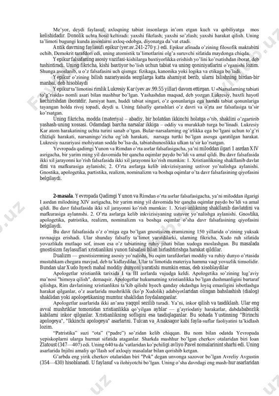 at qilib, umrining so’nggi yillarini eley shahrida o’tkazgan. tarixchi diogen layertskiyning yozishicha, ksenofont «tabiat haqida» asarlarining muallifidir. afsuski, ushbu asarning yarmigina omon qolgan, xolos. u ko’p xudolika hamda insonlarga xos sifatlarni hayvonlarga, o’simlik dunyosiga dahldor deb biluvchi ta’limotga qarshi chiqib ltfologiyani rad etishga harakat qilgan. uning falsafiy ta’limotiga ko’ra, tabiat- o’zgarmas va harakatsizdir, «hamma narsa yerdan unib chiqadi va pirovardida yana yerga qaytadi», «biz hammamiz yerdan tug’ilganmiz va yerga aylanamiz. ksenofont qadimgi yunon faylasuflaridan birinchi bo’lib bilishning imkoniyati va chegarasi haqida fikr yuritgan. bu qadimgi yunon gnoseologiyasining rivojiga turtki bo’ldi. qadimgi yunon madaniyatida sofistlar falsafasi katta o’rin tutadi. sofistlar antropologiya (inson haqidagi fan) va gnoselogiya (bilish to’g’risidagi fan) muamolari bilan щug’ullangan. sofistlar yangi kasblarning mohir ustalari, yani o’qituvchilar, diplomatlar, notiqlar, sud mahkamalarida ishlovchi mutaxassislardan iborat bo’lib, haqiqat, osoyishtalik, adolat o’rnatishga xizmat qilgan. ularning talimoti suqrot falsafasiga ham ma’lum darajada ko’rsatgan. afinaning buyuk faylasufi suqrot (yer. av. 469-399 yillar) avvalo sofistlar …