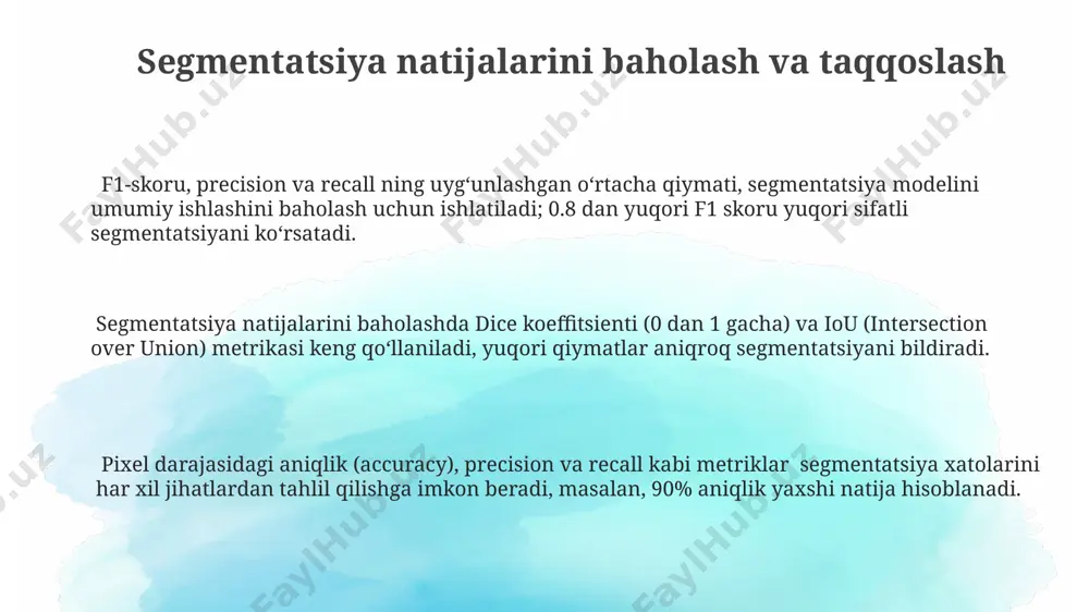ifalari uchun mo'ljallangan keng funksiyonallikka ega kutubxona bo'lib, 2500 dan ortiq funksiyalarni, shu jumladan, turli segmentatsiya usullarini o'z ichiga oladi. itk (insight segmentation and registration toolkit) – 20 yildan ortiq rivojlanish tarixiga ega bo'lgan, tibbiy tasvirlarni qayta ishlashda keng qo'llaniladigan, c++ tilida yozilgan kuchli ochiq manbali kutubxona hisoblanadi va 100 dan ortiq segmentatsiya algoritmlarini o'z ichiga oladi. scikit-image – python uchun mo'ljallangan, rasmni qayta ishlash va tahlil qilish uchun turli xil algoritmlarni, jumladan, 20 dan ortiq segmentatsiya texnikalarini taqdim etadigan, foydalanuvchilar uchun qulay va samarali ochiq manbali kutubxona. e'tiboringiz uchun rahmat @taqdimot_robot image1.png
