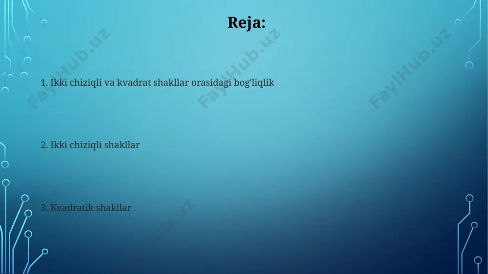 archasi musbat bo'lsa, shakl musbat aniqdir. 3 o'zgaruvchili kvadrat shakl uchun aniqlikni tekshirishda 3x3 matritsaning determinantini va uning 2x2 va 1x1 asosiy minorlarining determinantlarini hisoblash kerak. agar hammasi musbat bo'lsa, shakl musbat aniq hisoblanadi. ikki chiziqli va kvadrat shakllarning qo'llanilishi ikki chiziqli va kvadrat shakllarning xossalari 3x3 va undan yuqori tartibli matritsalarni diagonalizatsiya qilish algoritmlarida, xususan, o'z qiymatlarini topishda qo'llaniladi. ikki chiziqli shakllar 2-tartibli differensial tenglamalarni soddalashtirishda, xususan, ularning kanonik ko'rinishiga keltirishda qo'llaniladi, bu esa 3 o'zgaruvchili tizimlarni tahlil qilishni osonlashtiradi. muammolar va mashqlar muayyan ikki chiziqli shaklning simmetriyali yoki antisimmetriyali ekanligini tekshirish uchun uning matritsasini topish va uning transpozitsiyasi bilan taqqoslash yoki diagonal elementlarning nolga tengligini tekshirish zarur. kvadrat shaklning aniqligi va ishorasini aniqlash uchun xarakteristik tenglamaning ildizlarini hisoblash yoki matritsaning o'ziga xos qiymatlarini topish kerak bo'ladi, bu esa 2- va 3-tartibli polinomlarni yechishni talab qiladi. ikki chiziqli va kvadrat shakllarning misollari kvadrat forma misoli: 3x₁² + 2x₁x₂ − …