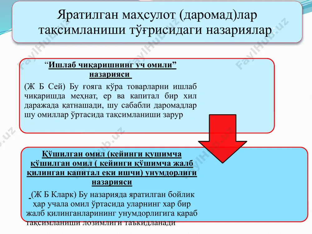 нг пулдаги ифодасидир. 5 номинал иш ҳақи маълум вақт оралиғида пул шаклида олинган иш ҳақининг умумий суммасидир реал иш ҳақи номинал иш ҳақининг “сотиб олиш” лаёқати ёки номинал иш ҳақига сотиб олиш мумкин бўлган товарлар ва хизматлар миқдори 6 реал иш ҳақи бошқа шароитлар ўзгармай қолганда номинал иш ҳақи миқдорига тўғри мутаносиблиқда, истеъмол товарлари ва хизматлар нархи даражасига тескари мутаносибликда ўзгаради бошқача айттанда, vp= vh / p vp - реал иш ҳақи, vh — номинал иш қақи, р — истеъмол товарлари ва хизматларга нарх даражаси. номинал иш ҳақи-ишлаб топилган пул даромади даражасини, реал иш ҳақи эса ходимларнинг ҳақиқий истеъмоли ва фаровонлик даражасини тавсифлайди. 7 мамлакатда иш ҳақининг умумий даражасини белгилаб берувчи омиллар: мамлакатнинг иқтисодий ривожланиш даражаси. меҳнатнинг асосий капитал билан қуролланиш даражаси. меҳнатнинг табиий ресурслар билан таъминланганлиги. мавжуд ишлаб чиқариш технологияси. меҳнатнинг умумий малакавий даражаси. тақсимотнинг таркиб топган тизими ва бошқа иқтисодий-ижтимоий омиллар. иш ҳақи шакллари: вақтбай иш ҳақи бунда …