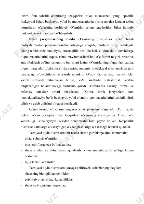 arbiyasi qiyin o’smirlarni bir necha shartli guruhlarga ajratish mumkin: · orsiz, subutsiz o’smirlar; · mustaqil fikrga ega bo’lmaganlar; · shaxsiy talab va ehtiyojlarini qondirish uchun qonunbuzarlik yo’liga kirgan o’smirlar; · injiq tabiatli o’smirlar. tarbiyasi qiyin o’smirlarni yuzaga keltiruvchi sabablar quyidagilar: · shaxsning biologik kamchiliklari; · psixik rivojlanishdagi kamchiliklar; · shaxs tarbiyasidagi nuqsonlar; · bilish faoliyatidagi kamchiliklar; · maktab ta`limi va tarbiyasidagi kamchiliklar; · maktabdan tashqari muhitdagi kamchiliklar. qo’shimcha adabiyotlar: 1. i.a.karimov. «barkamol avlod – o’zbekiston taraqqiyotining poydevori». toshkent. 1997. 2. e.g’oziev. «pedagogik psixologiya asoslari». toshkent. 1997. 3. v.karimova. «psixologiya». toshkent. 2000. 4. e.i.rogov. nastol`naya kniga prakticheskogo psixologa v obrazovanii. m.: 1996. 5. a.e.lichko. podrostkovaya psixiatriya. l.: 1979. 6. rabochaya kniga shkol`nogo psixologa. m.: 1991. 7. www.ziyonet.uz