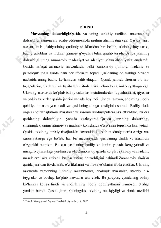 os xususiyatlarga ega bo‘lib, har bir madaniyatda qasidaning shakli va mazmuni o‘zgarishi mumkin. bu esa qasidaning badiiy ko‘lamini yanada kengaytiradi va uning rivojlanishiga yordam beradi. zamonaviy qasida ko‘plab ijtimoiy va madaniy masalalarni aks ettiradi, bu esa uning dolzarbligini oshiradi.zamonaviy shoirlar qasida janridan foydalanib, o‘z fikrlarini va his-tuyg‘ularini ifoda etadilar. ularning asarlarida zamonning ijtimoiy muammolari, ekologik masalalar, insoniy his-tuyg‘ular va boshqa ko‘plab mavzular aks etadi. bu jarayon, qasidaning badiiy ko‘lamini kengaytiradi va shoirlarning ijodiy qobiliyatlarini namoyon etishga yordam beradi. qasida janri, shuningdek, o‘zining musiqiyligi va ritmik tuzilishi bilan ajralib turadi, bu esa o‘quvchilar va tinglovchilar tomonidan qasidaning qabul qilinishini osonlashtiradi. [1: oʻzbek tilining izohli lugʻati. davlat ilmiy nashriyoti, 2006] qasidaning dolzarbligi shundaki, u nafaqat badiiy ifoda, balki muallifning shaxsiyati va tasavvurlari bilan ham bog‘liq. har bir shoir o‘ziga xos uslub va fikrlar bilan qasida yaratadi, bu esa janrni yanada boyitadi. qasida, o‘zining badiiy ko‘lamini kengaytirishda shoirning ijodiy qobiliyatiga bog‘liq. ushbu jarayon, …