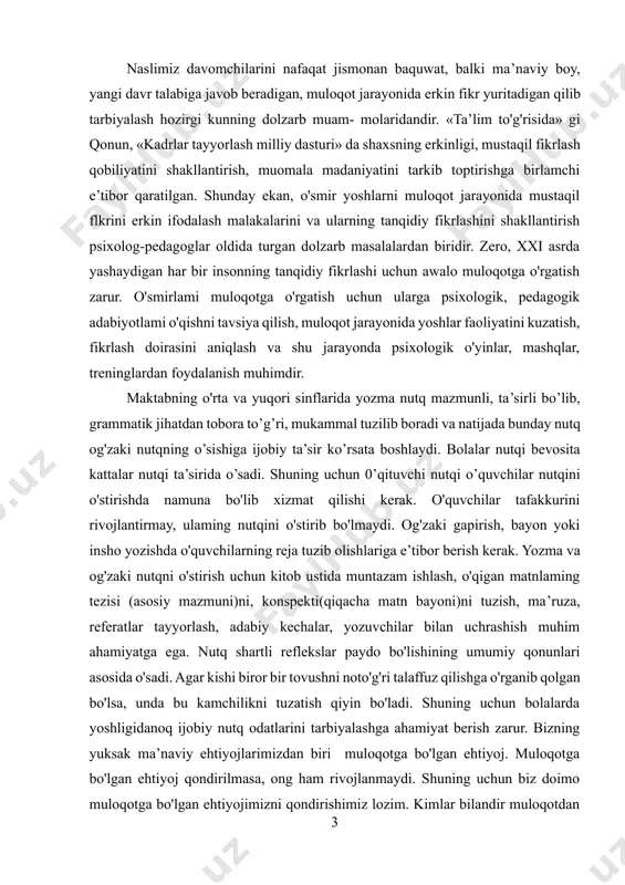 ing umumiy qonunlari asosida o'sadi. agar kishi biror bir tovushni noto'g'ri talaffuz qilishga o'rganib qolgan bo'lsa, unda bu kamchilikni tuzatish qiyin bo'ladi. shuning uchun bolalarda yoshligidanoq ijobiy nutq odatlarini tarbiyalashga ahamiyat berish zarur. bizning yuksak ma’naviy ehtiyojlarimizdan biri muloqotga bo'lgan ehtiyoj. muloqotga bo'lgan ehtiyoj qondirilmasa, ong ham rivojlanmaydi. shuning uchun biz doimo muloqotga bo'lgan ehtiyojimizni qondirishimiz lozim. kimlar bilandir muloqotdan qoniqish, ba’zi hollarda esa qoniqmaslikni his qilamiz. katta yoshdagi kishilar rasmiy va norasmiy munosabatlarga kirishadilar. rasmiy munosabatlar ish, xizmat yuzasidan bo'ladi. norasmiy muloqot esa ishdan boshqa paytlarda, uyda (oila), mahallada, ko'cha-ko'ylarda bo'ladi. kattalar muloqotida ko'pincha muloqot madaniyati amalga oshiriladi, ya’ni bir-birlarini hurmat qilish, ishonish, anglash kabilar. ammo ba’zi paytlarda muloqot buzilishi ham mumkin. chunki ular ham ayrim paytlarda bir-birlarini tushunmasdan xafa qilib qo'yishlari, ko'ngilga og'ir botadigan gaplar aytib yuborishlari, natijada nizolarni keltirib chiqarishlari mumkin. agar muloqot madaniyati kishilarda yaxshi shakllangan bo'lsa, ular bir-birlarini tushunishlari oson kechadi. muloqot madaniyati yoshlikdan oilada, …