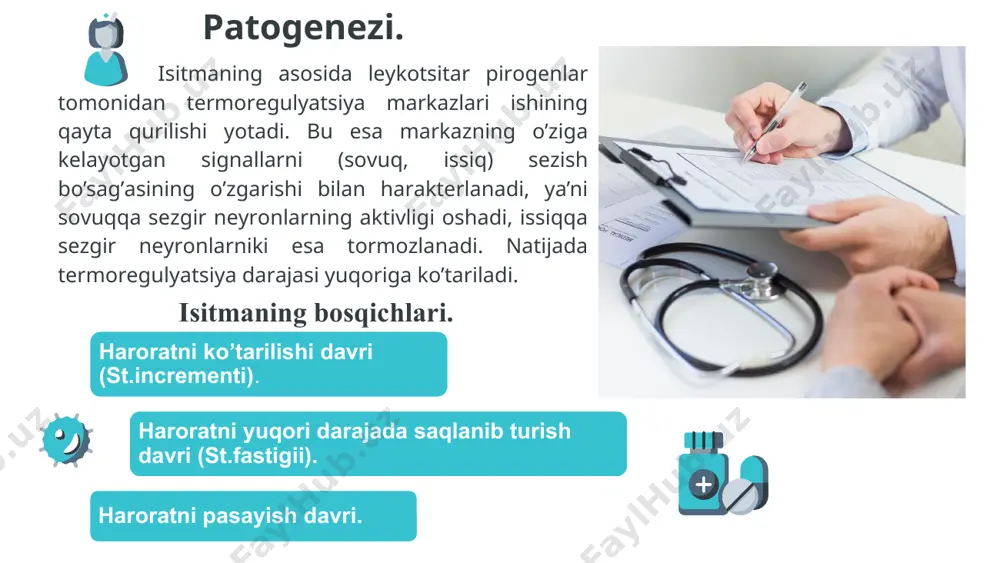 ( 39-40?s gacha) kasal uchun xavfli, shuning uchun hamshira bolani kiyimlarini echib ventilyator bilan sovutishi kerak. tana terisini 40-50 foizli spirt bilan artiladi, bunda spirt tez bug’lanib , tanani sovutadi va teri kapilyarlarini kengaytirib, isitmaning pasayishiga olib keladi.boshni sovutish uchun ichiga muz bo’lakchasi yoki sovuq suv solingan oddiy muzli yumaloq grelkalardan foydalaniladi.grelka bolaning boshining tepasiga 1 sm balandlikda osib qo’yiladi.bundan tashqari boshni sovuk suv bilan chayib xam sovutish mumkin. bir vaqtning o’zida xarorat to’g’ri ichakda xam o’lchanadi va bu xarorat tashqi chiqaruv teshigidagidan 2-3s baland bo’ladi. bosh sovutilayotgan paytda bola kuvezda ushlab turiladi va u bola uchun optimal namli kislorod bilan ta'minlanadi. toki tana xarorati normal xolga tushgunga qadar tana isitmasini o’lchab borish , xamda nafas puls tezligi va arterial qon bosimini aniqlab borish zarur. agar yuqoridagi muolajalar yordam bermasa, shifokor tomonidan tana xaroratini tushirish uchun boshqa davo choralari, ya'ni dorilar tayinlanadi. bu turkum dorilarga analgin (50% bolaning xar bir …