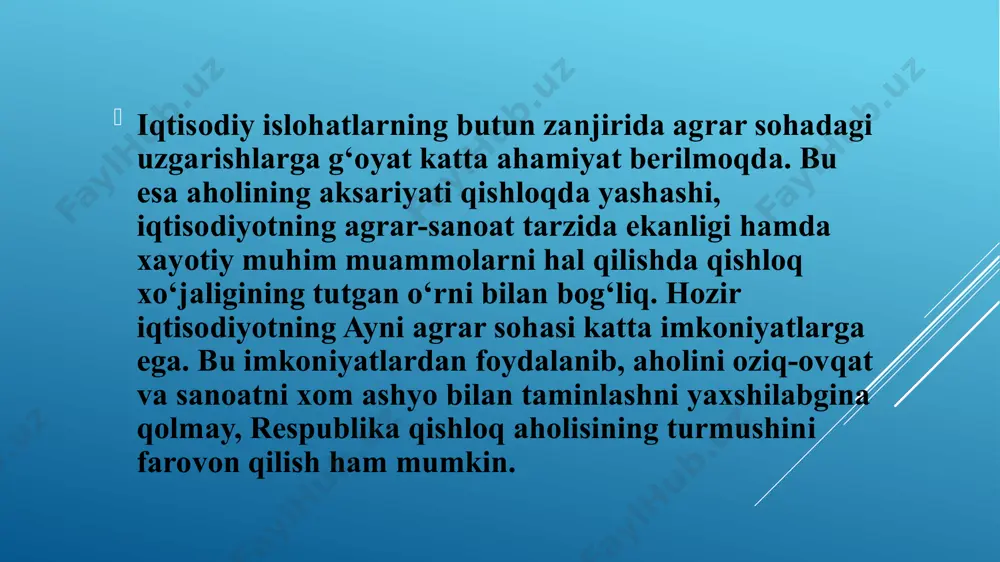 gi past maydonlarda paxta va g‘alla o‘rniga 32 ming gektar yerda karam, turli sabzavot va ko‘katlar ekildi va bu maydonlardan olingan minglab tonna mahsulotlar eksport qilindi. shuningdek, 11 ming gektarda intensiv bog‘ va yangi tokzorlar, 1 ming 500 gektarda issiqxonalar barpo etildi. o’zbekiston sanoat ishlab chiqarishida yengil va oziq-ovqat sanoatining ham ulushi katta ayniqsa mamlakat sanoat tarmoqlari orasida qishloq xo’jaligi mahsulotlarini qayta ishlovchi va agrosanoat majmuiga xizmat ko’rsatuvchi tarmoqlar tarixan yetakchi mavqega ega. bular paxta tozalash, pillani qayta ishlashi va shoyi (atlas) to’qish vino materiallari konserva mahsulotlari, o’simlik yoіi va boshqa sanoat turlaridir. jumladan, yoqilіi va elektr-energetika sanoati birlikda yoqilіi eneretika majmuini, mashinasozlik sanoat tarmoqlari mashinasozlik majmuini, qora va rangli metallurgiya majmuini, yengil va oziqovqat sanoatlari aholi keng istemol qiladigan mollar ishlab chiqarish majmuini tashkil qiladi. 3. qishloq xo'jaligidagi islohotlarning yangi bosqi tarixiy taraqqiyotning turli osqichlarida o’zbekiston xalq xo’jaligi, uning iqtisodiy rivojlanish darajasi zigzaksimon yo’lni bosib o’tgan. tarixiy manbalarda keltirilishicha, …