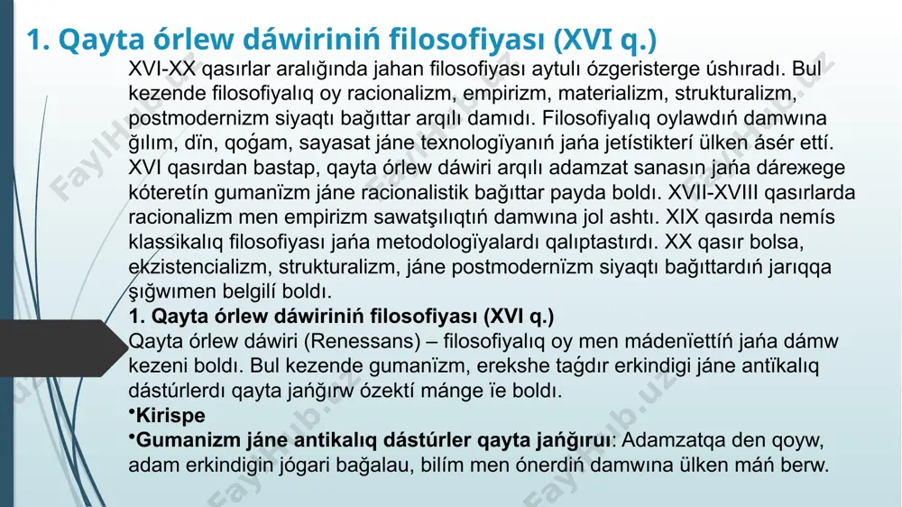 heytken. mişel manten – skeptïcïzm ideyaların damıtqan. piko della mïrandola – adam erkindigi men onıń tańdaw jasaq múmkindigí twralı enbekter jazǵan. galileo galileï – tabiğattı tanwdıñ racionaldı jáne ğılımï ádisterin damıtqan. 2. jańa zaman filosofiyası (xvii-xviii q.) xvii-xviii qasırlarda filosofiya racionalizm men empirizm bağıttarına bólinip damıdı. bul kezde aǵartwshılıq kúsh alıp, sayasï erkindik, bilimniń mañyzı men indivïdwaldıq tańdawdı jógari bağалаý siyaqtı úlgiler alǵa şıqtı. racionalizm: bul bağıttıń ókilí rene dekart (1596-1650) bolıp, ol "cogito, ergo sum" ("men oylaymın, demek men bar myn") prensipin usındı. benedikt spinoza jáne leybnits sekildí filosoftar racionalïzmdi damıttı. empirizm: frensis bekon empirïstik ádis negízderín qaldırsa, jon lokk adam sanasın "tabula rasa" dep qarastırdı. devid yum bolsa, sezímder men tásíkire basımdıq berdi. aǵartushılıq filosofiyası: vol'ter, jan-jak russo, monteske sekildí oqımdar indivïdwaldıq bostańdıq, ğılım men aqıldıń mañyzын kóterdí. immanuil kant "aqlıńdı paydalan" degen úndew arqılı aǵartwshılıqtıń bastı ideyalaryn damıttı. materializm: denis didero, holbach jáne helvétius sekildí oqımdar** materïalïstik …