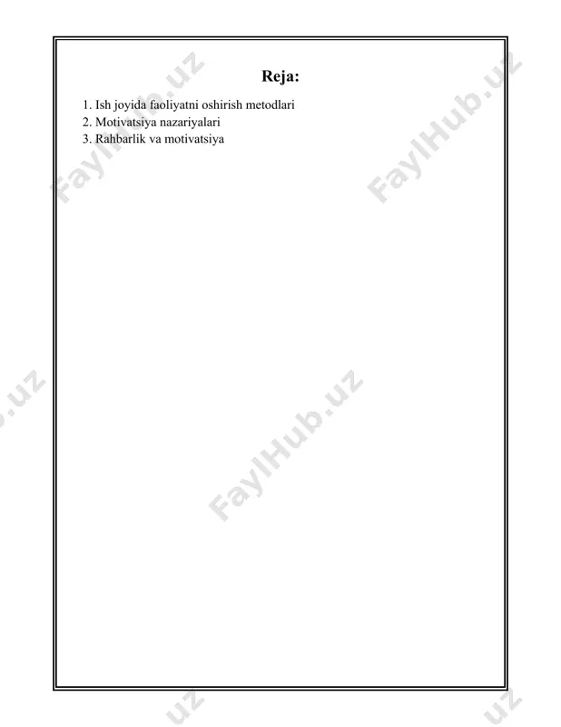 tda ishlash stressni 15-25% ga kamaytiradi. - yaxshi yoritilgan va havosi toza bo‘lgan ish joyida unumdorlikni 18% oshirish mumkinligi ma’lum qilingan. **6. ta’lim va rivojlanish:** - edx va boshqa onlayn ta'lim platformalari ma'lumotlariga ko'ra, kadrlarni professional rivojlantirish kurslariga yuborish, ularning samaradorligini 20% dan ortiq oshirishi mumkin. - korn ferry tomonidan o'tkazilgan tadqiqotda natija shuni ko'rsatadiki, qo'shimcha ta'lim va rivojlanish dasturlariga jalb qilingan xodimlar 14% yuqori natijaga erishadilar. **7. moslashuvchan mehnat tashkil etish:** - gartner'ning tadqiqotlari natijasida moslashuvchan ish vaqti va masofaviy ish imkoniyatlari yaratish kompaniya samaradorligini 60% gacha oshirishi mumkinligi aniqlangan. - telework research network ma'lumotlariga ko'ra, masofaviy ishga sun'iyatsiz imkoniyatlar berilgan holda ishlagan xodimlar 20% ga ko'proq samaradorlik ko'rsatadi. **8. imkoniyatlarni kengaytirish va motivatsiya:** - employee motivation sof yondashuvi bo'yicha, xodimlarni bonuslar yoki rag'batlantiruvchi mukofotlar bilan taqdirlash ish samaradorligini 15% dan 25% gacha oshirishi mumkin ekani isbotlangan. - xodimlarning shaxsiy rivojlanishiga ko'proq e'tibor berish, motivatsiyani oshirish orqali samaradorlikni 13% …