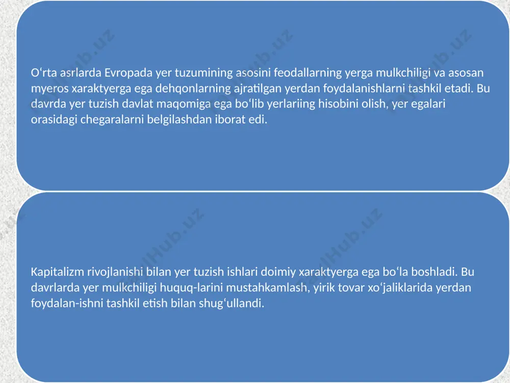 alarini naturada (joyning o‘zida) ajratib berish, yerga egalik qilish va yerdan foydalanish, yer uchastkasini ijaraga olish hamda yer uchastkalariga bo‘lgan mulk huquqlarini tasdiqlovchi hujjatlarni tayyorlash; yer tuzish ishlari tarkibi yangi yerlarni o‘zlashtirish, qishloq xo‘jalik yerlarini yaxshilash, tuproq unumdorligini saqlash va oshirish, buzilgan yerlarni rekultivatsiya qilish, tuproqni suv va shamol eroziyasidan, sellardan, ko‘chkilardan, suv bosishdan, zaxlashdan, qaqrab qolishdan, zaranglashishdan, ishlab chiqarish chiqindilari, radioaktiv va kimyoviy moddalar bilan ifloslanishdan himoya qilish bo‘yicha ishchi loyihalarini ishlab chiqish; * barcha yerlarni ro‘yxatga olish hamda foydalanilmayotgan, samarasiz foydalanilayotgan yoki belgilangan maqsadda foydalanilmayotgan yerlarni doimiy aniqlab borish; * yerlarni resurs jihatidan baholash, yerlardan foydalanish va ularni muhofaza qilish yuzasidan yer tuzish hujjatlarini ishlab chiqish; * yerlarni baholash tadbirlarini o‘tkazish. yer tuzish xo`jaliklararo yer tuzish ichki xo`jalik yer tuzish xo‘jaliklararo yer tuzish yangi yer egaliklarini va yerdan foydalanishlarni tashkil etish, mavjudlarini tartibga solish va o‘zgartirish, maxsus yer fondlarini va maxsus muhofaza tartibiga ega hududlarni joylashtirish, chegaralarni naturada …