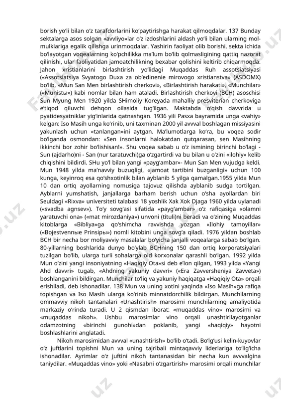 ali amalga oshiriladi. yadhning ba’zilari dunyoning turli burchaklarida o‘z bo‘linmalariga ega bo‘lgan, biznes bilan shug‘ullanuvchi yirik xalqaro korporatsiyalarga aylangan. 136 yadh meditatsiya amaliyotini keng qo‘llaydilar, tashkiliy jihatdan piramida shaklida boshqariladi. ularning aksariyati noqonuniy faoliyat yurituvchi, kriminal tashkilotlardir (masalan, «aum sinrikyo» (yaponiya), «quyosh ehromi» (fransiya va kanada) va b.). diniy ta’limotlarni buzib talqin qiluvchi harakatlarga: - protestantlarning «ikkilamchi» birlashmalari – «yahve shohidlari» («svideteli iegovo»), «oxirgi kun avvliyolari iso masih cherkovi» (mormonlar), «masih cherkovi» (boston harakati); - soxta xristian harakatlar – «mun birlashtirish cherkovi», «vissarion oxirgi ahdi cherkovi», «oq birodarlar»; - saentologik kultlar – «xristian ilmi», «ron xabbard saentologiya markazi», «kloneyd», «oq ekologlar» harakati; - neo- va kvaziorientalistik maktablar va kultlar – «tirik axloq»(agni yoga), «krishnani anglash jamiyati», «transsendental meditatsiya», «aumsinrikyo», «saxadja-yoga» va b.); - yangi majusiy tashkilotlar va kultlar – «runvira» ukrain milliy e’tiqodi cherkovi, rossiya jarangli kedrlari, omsk «qadimgi diniy e’tiqodiga qaytish kulti» va boshqalar kiradi. «sekta»so‘zi, eng umumiy ma’noda, …