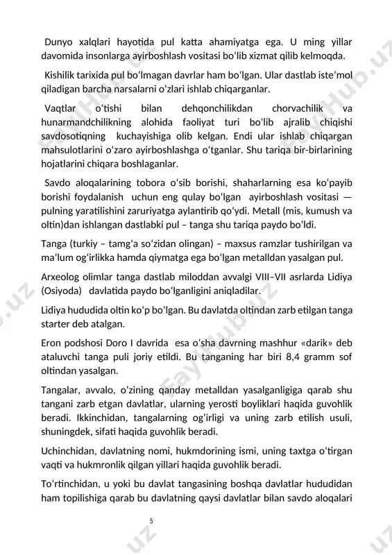 baliq turiga, - bir hukiz terisiga - bolta - 4 sopol kuzachaga va hokazolar-ga teng kaligini o'z tajribalaridan bilshnardi. hamma narsa qo'yga nisbatan baholanadi. shunday qilib bir tovar boshqa mollarni ayirboshlashda vositachi bo'lib uning yordamida boshqa tovarlar almashinaveradi. ana shunday tovarning o'zi dastlabki pul edi. ularning paydo bo'lishi bilan oddiy ayirboshlov oldi -sotdiga aylanadi. har bir mol - tovarning bahosi pul bilan belgilanib, narhi ayatilldigan bo'lib qoladi. bu maqsad uchun teri juda bop edi. teri engil bo'lib uzoq vaqt saqlanardi. teridan keyim bosh, poyabzal tiksa, kapa ustiga qoplasa hal bo'lardi. sparta, rim, karfagen kabi qadimiy davlatlarda ham teri pul muomilada bo'lgan. yer yuzida aholi ko'payib, shaharlar paydo bo'ldi. shahar aholisi uchun ko'p hayvon ortiqcha tashvish edi. kulollar, temirchilar, sarrochlar, duradgorlar, savat tukuvchilar, o'z buyumlarini hayvonga almashtirgilari kelmay qoldi. insoniyat pul bo'ladigan yana ham mukammalroq tovarni qidira boshladi. bunday tovar uzoq vaqt izlandi. hayotning o'z i, zaruriyat boshqalarini eliakdan o'tkazib, metalini …