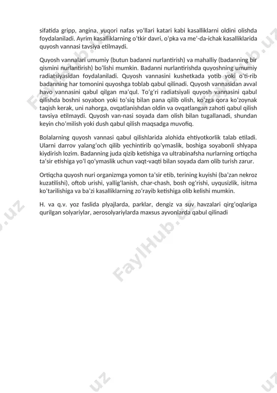 oʻlganda sovqotmaslsk maqsadida yengil jismoniy mashqlar ham qilish kerak. sovuq havo vannalari chiniqqan kishilargagina buyuriladi va uning vaqti 7—20 min.dan oshirilmaydi. havo vannalarini et junjikib, "badan tuklari tikkayadigan" darajagacha qabul qilmaslik lozim. quyosh vannalari. quyosh nurining tarkibi va odam organizmiga taʼsiri bir xil emas. quyosh nurlari koʻzga koʻrinadigan (yoruglik) va koʻzga koʻrinmaydigan infraqizil hamda ultrabinafsha nurlardan iborat. infraqizil nurlar organizm toʻqimalaridan oʻtayotganida issiqlik effekti hosil qiladi va terining nurla-nayotgan qismi trasini oshiradi. quyosh vannalari koʻrsatmasiga muvofiq bir qator teri va boʻgʻim kasalliklarida, radikulit, nevrit va boshqa kasalliklarda qabul qilinadi, undan chiniqtiruvchi muolaja sifatida gripp, angina, yuqori nafas yoʻllari katari kabi kasalliklarni oldini olishda foydalaniladi. ayrim kasalliklarning oʻtkir davri, oʻpka va meʼ-da-ichak kasalliklarida quyosh vannasi tavsiya etilmaydi. quyosh vannalari umumiy (butun badanni nurlantirish) va mahalliy (badanning bir qismini nurlantirish) boʻlishi mumkin. badanni nurlantirishda quyoshning umumiy radiatsiyasidan foydalaniladi. quyosh vannasini kushetkada yotib yoki oʻti-rib badanning har tomonini quyoshga toblab qabul qilinadi. quyosh …