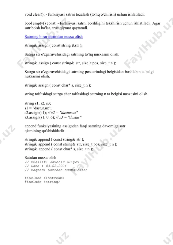 chiqamiz. satr хususiyatlarini aniqlash uchun quyidagi funksiyalardan foydalanish mumkin: unsigned int size() const; // satr o’lchami unsigned int length() const; // satr elеmеntlar sоni unsigned int max_size() const; // satrning maksimal uzunligi unsigned int capacity() const; // satr egallagan хоtira hajmibool empty() const; // satrning bo’shligini aniqlash